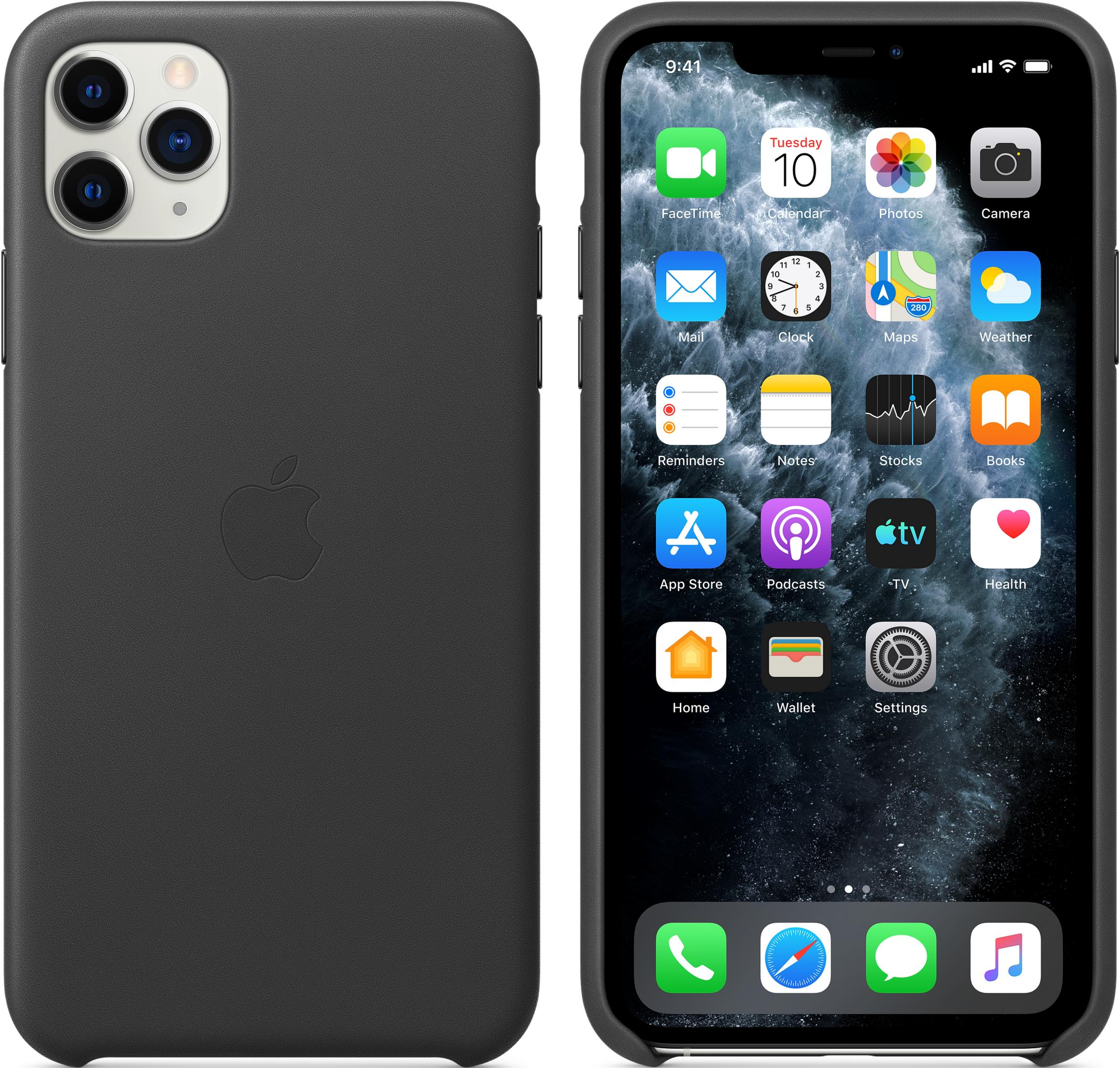 Un iPhone negro en funda, pantalla con apps. Vista lateral de la funda.