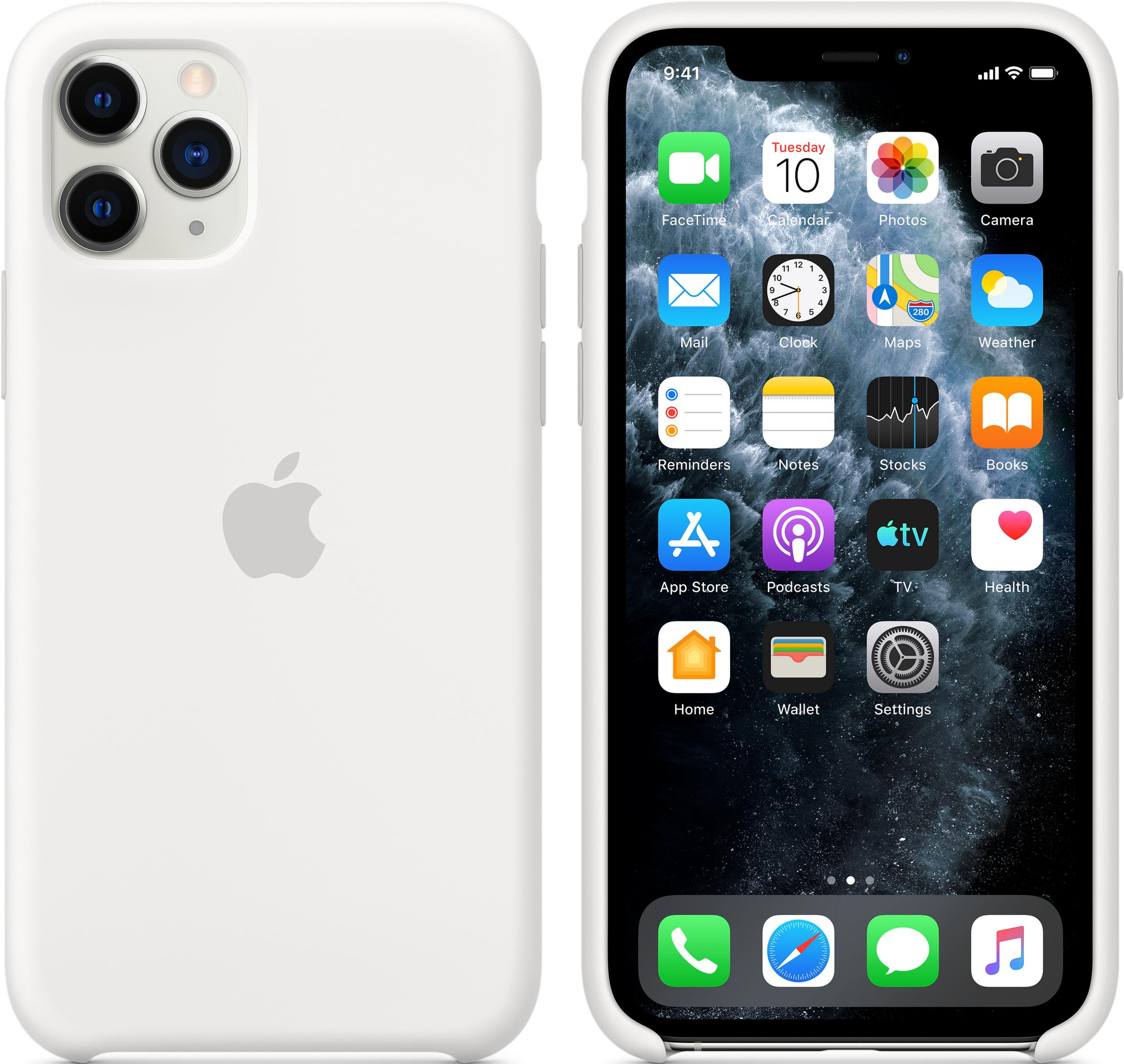Ein weies iPhone mit einer Dreifachkamera und dem Apple-Logo.