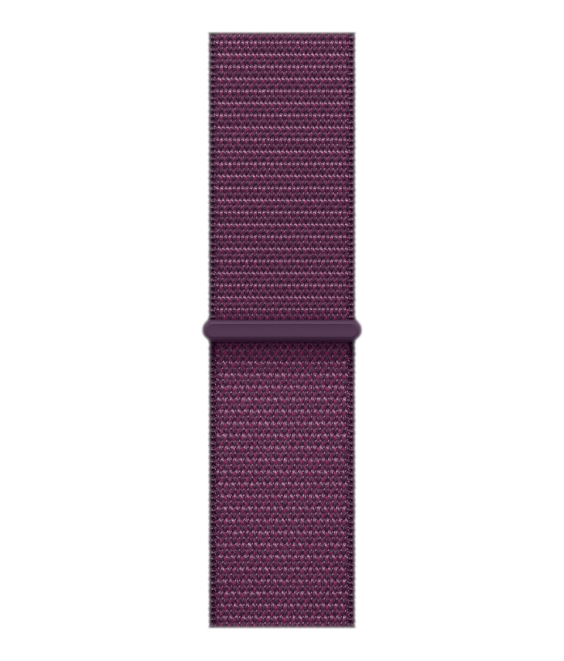 Fioletowa, materiałowa opaska na zegarek z ciemniejszą pętlą pośrodku.