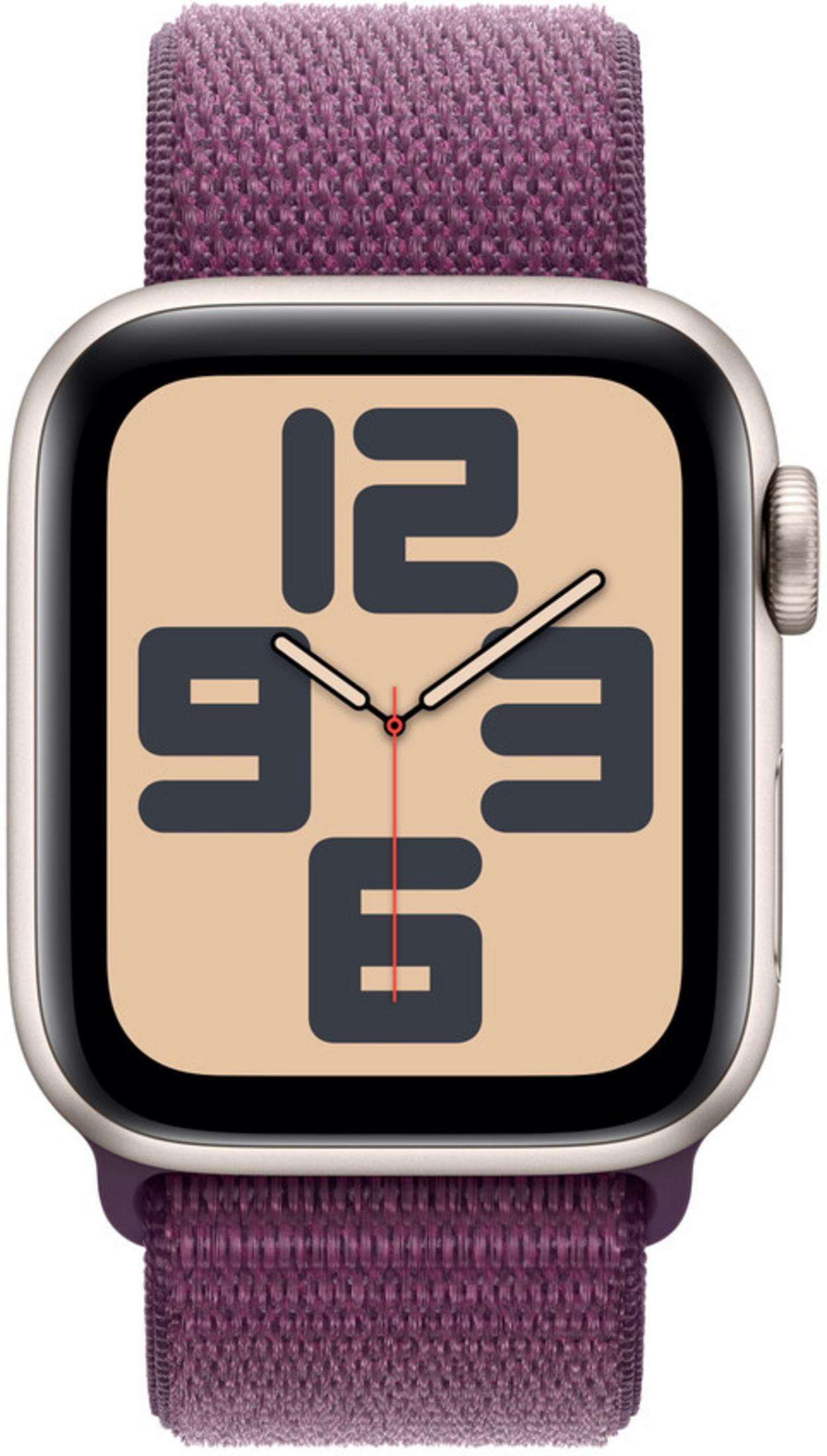 Złoty Apple Watch z fioletową opaską i beżową tarczą z ciemnymi cyframi.