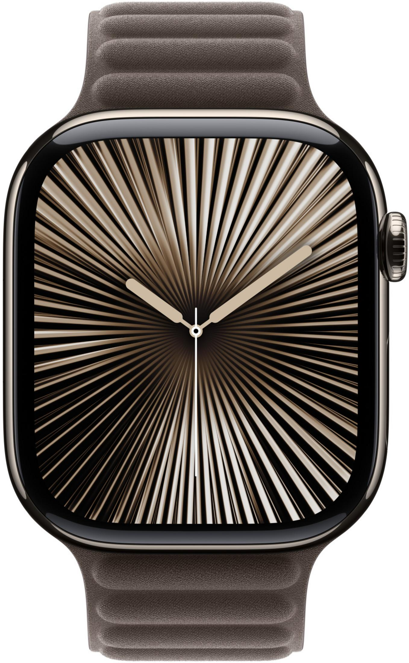 Złoty smartwatch z tarczą radialną i brązową skórzaną bransoletą.