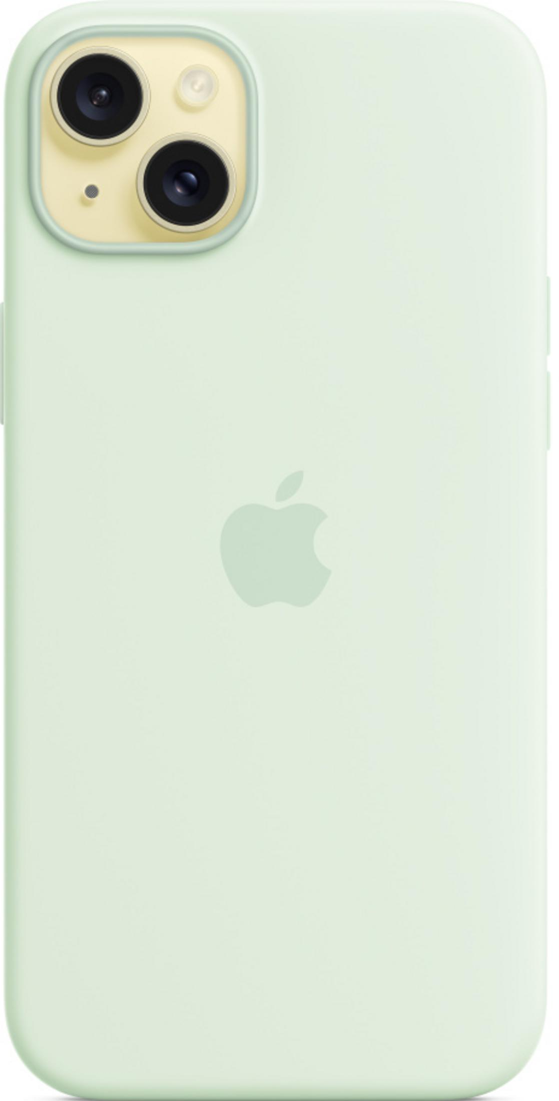 Een lichtgroene iPhone met twee camera's en een Apple-logo op de achterkant.