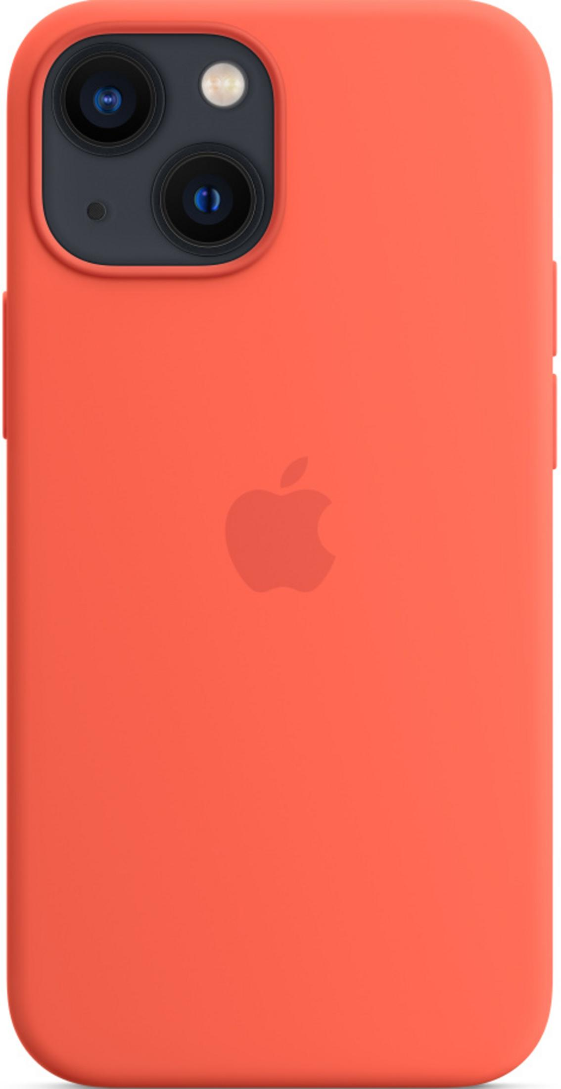 Custodia iPhone corallo con logo Apple e doppia fotocamera.