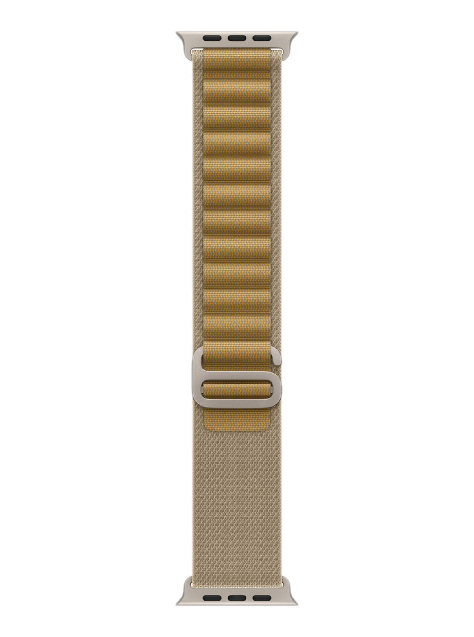 Brązowa opaska Apple Watch ze srebrną klamrą.