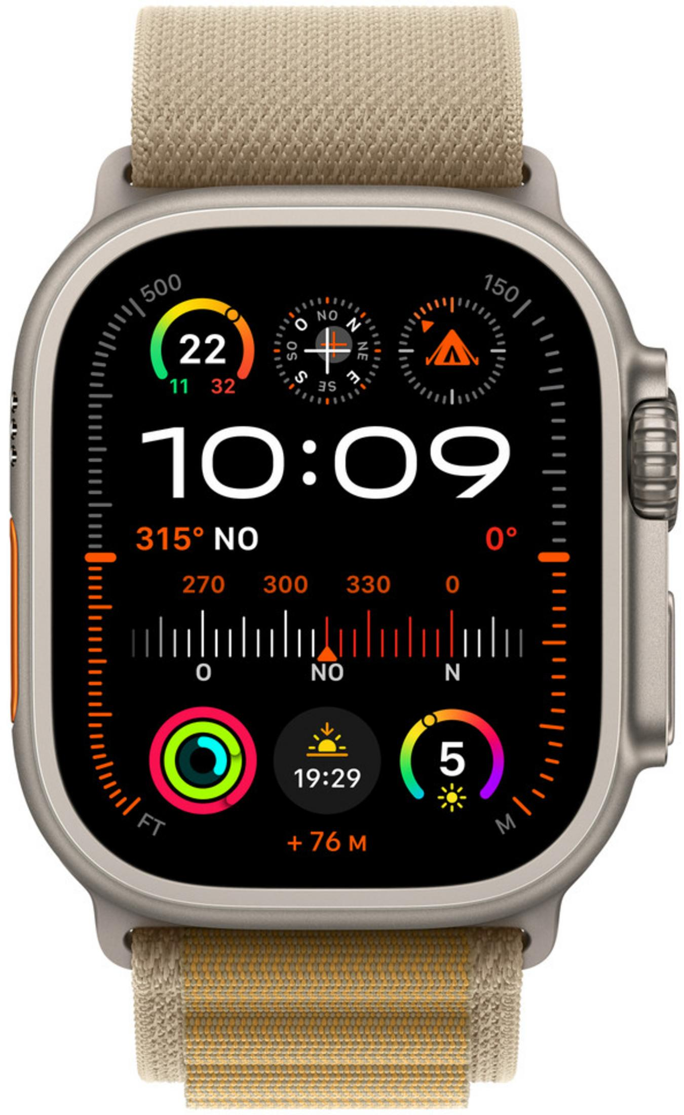 Srebrny smartwatch z beżowym paskiem wyświetla 10:09 i dane kompasu.