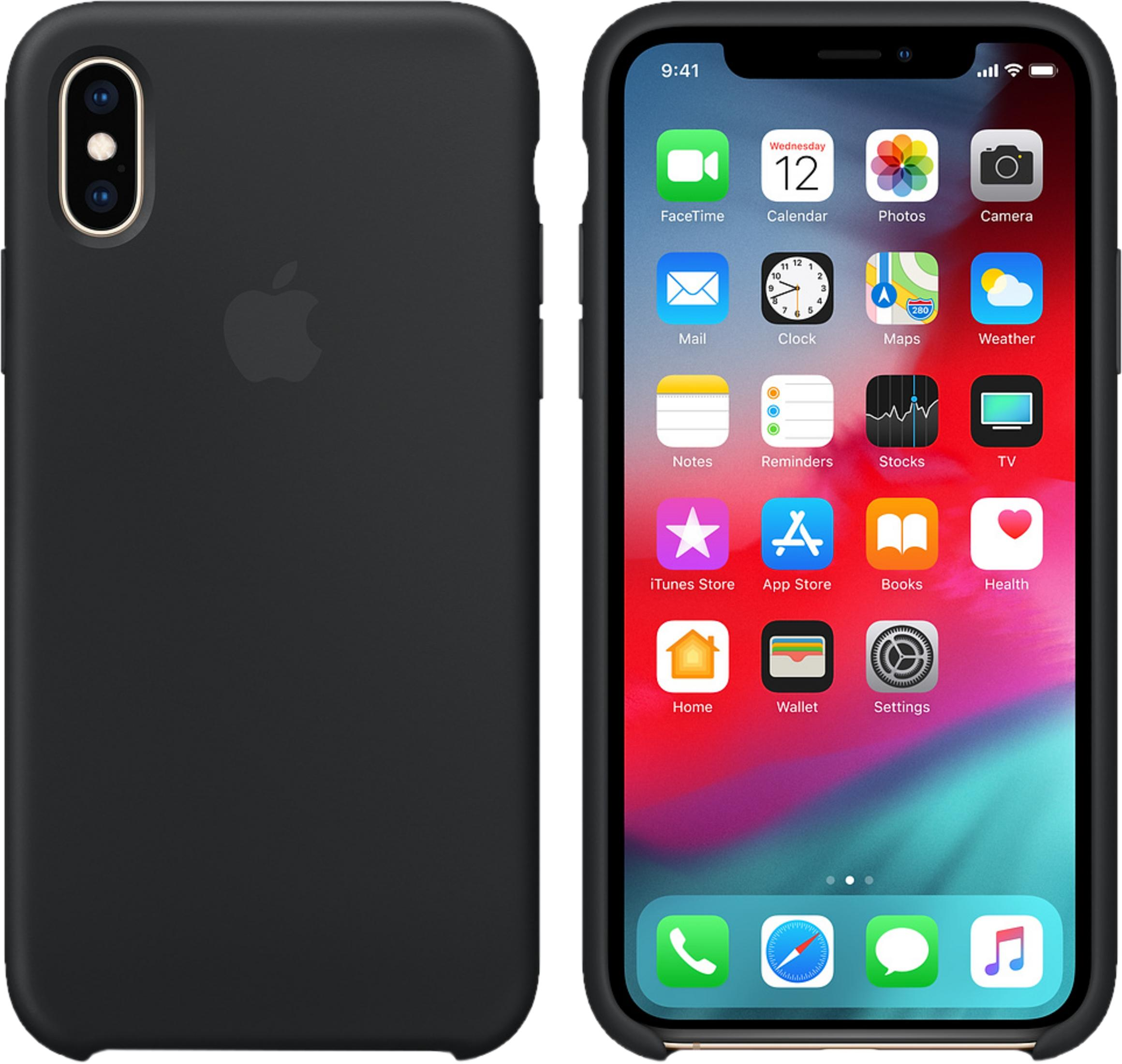 Schwarze Hülle liegt neben einem iPhone mit Apps auf dem Bildschirm.