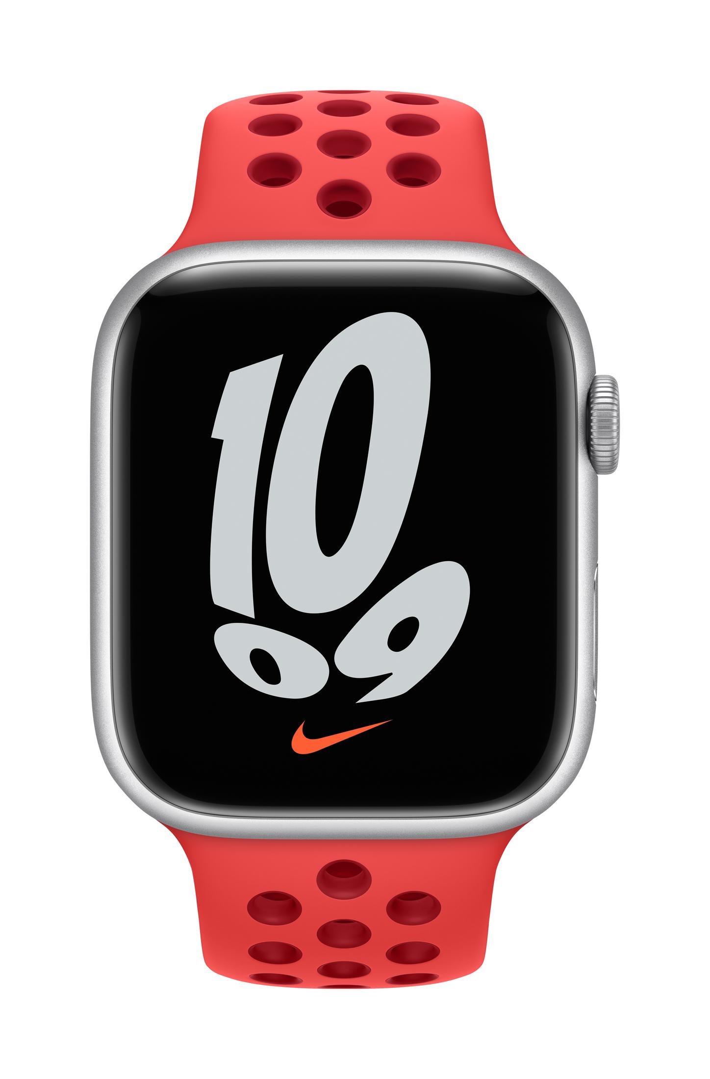 A red Apple Watch with a silver case and a digital face showing "10".
