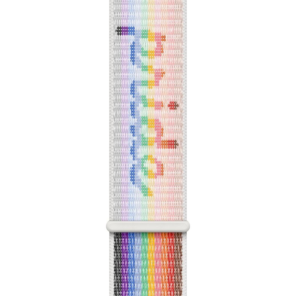 Un cinturino bianco con un motivo arcobaleno colorato che scrive la parola Pride.