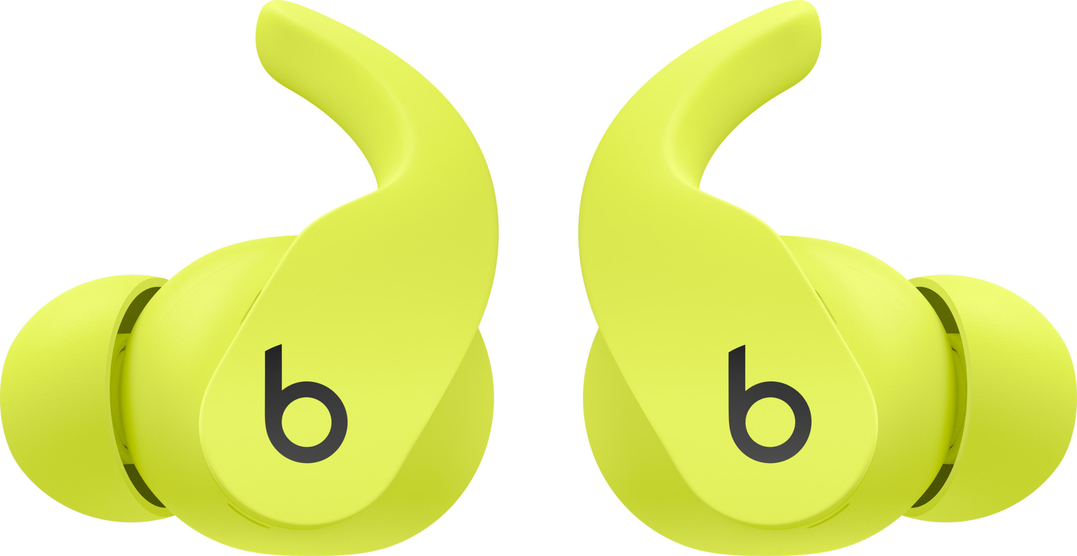 Dwa jasnożółte słuchawki z czarnym logo "b" na białym tle.