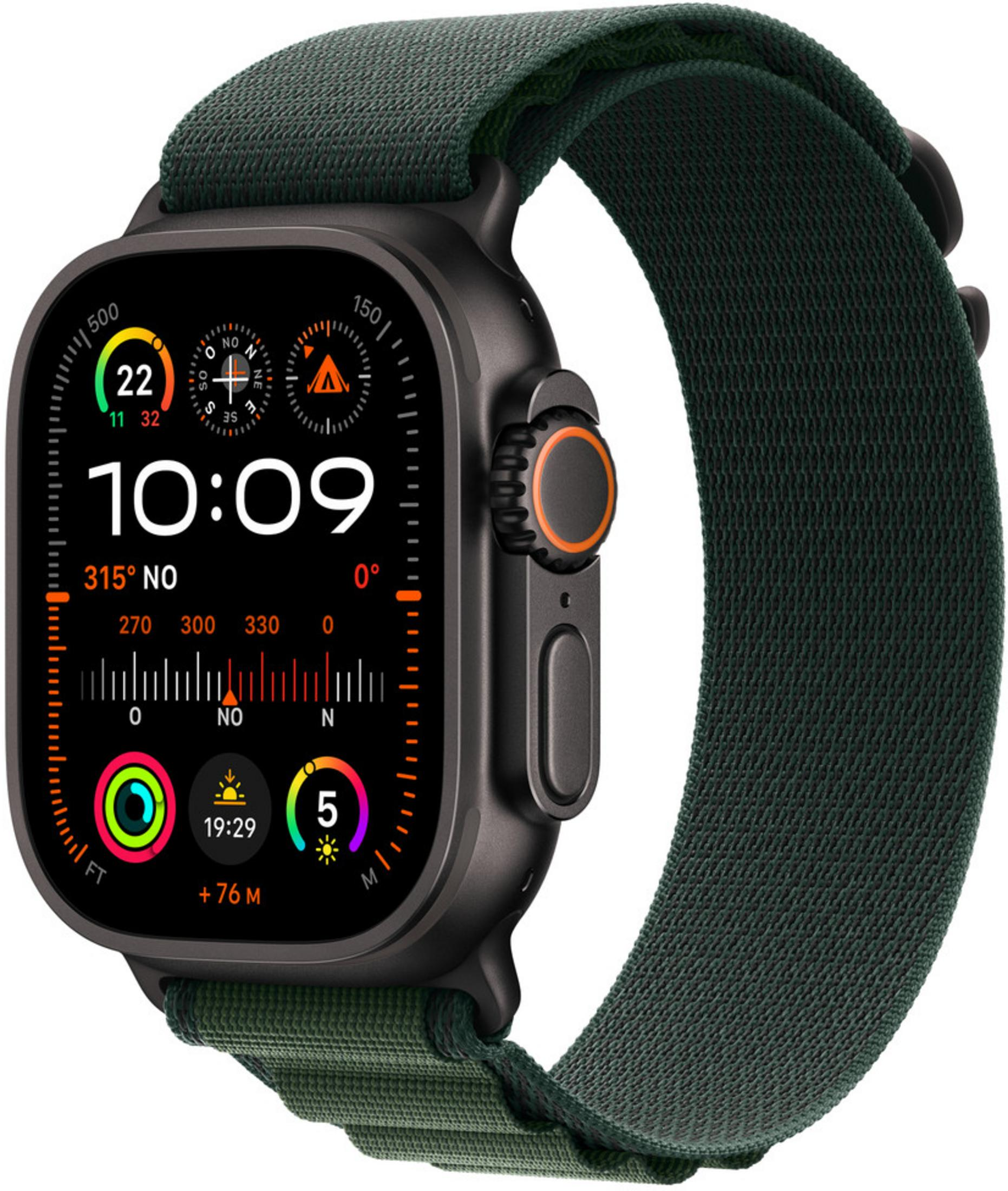 Uno smartwatch verde scuro con quadrante scuro che mostra statistiche e ora.