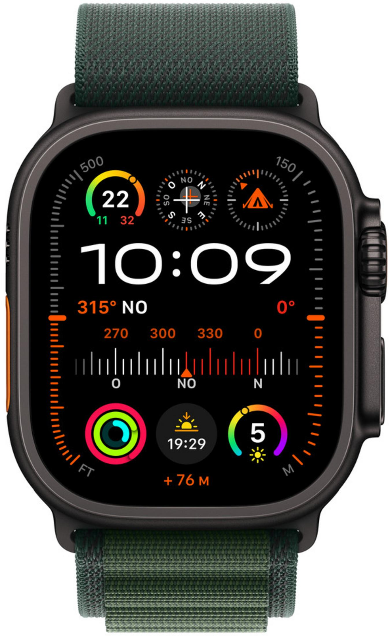 Uno smartwatch con cassa scura e cinturino verde mostra le 10:09.