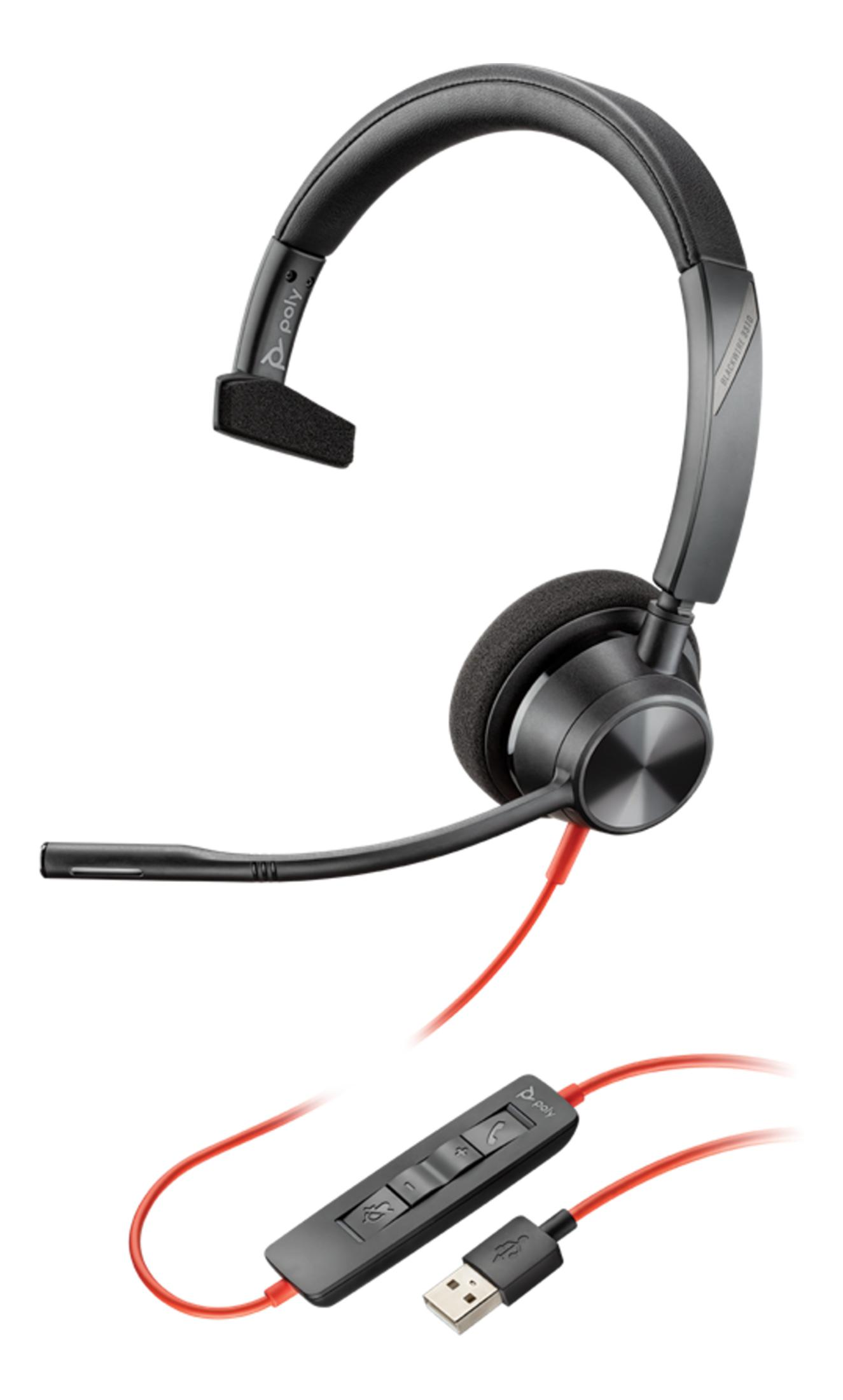 Czarny zestaw słuchawkowy Poly z czerwonym przewodem i złączem USB, z mikrofonem.