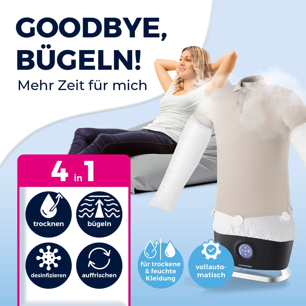 Dampfbügler mit 4-in-1-Funktion: trocknen, bügeln, desinfizieren, auffrischen.