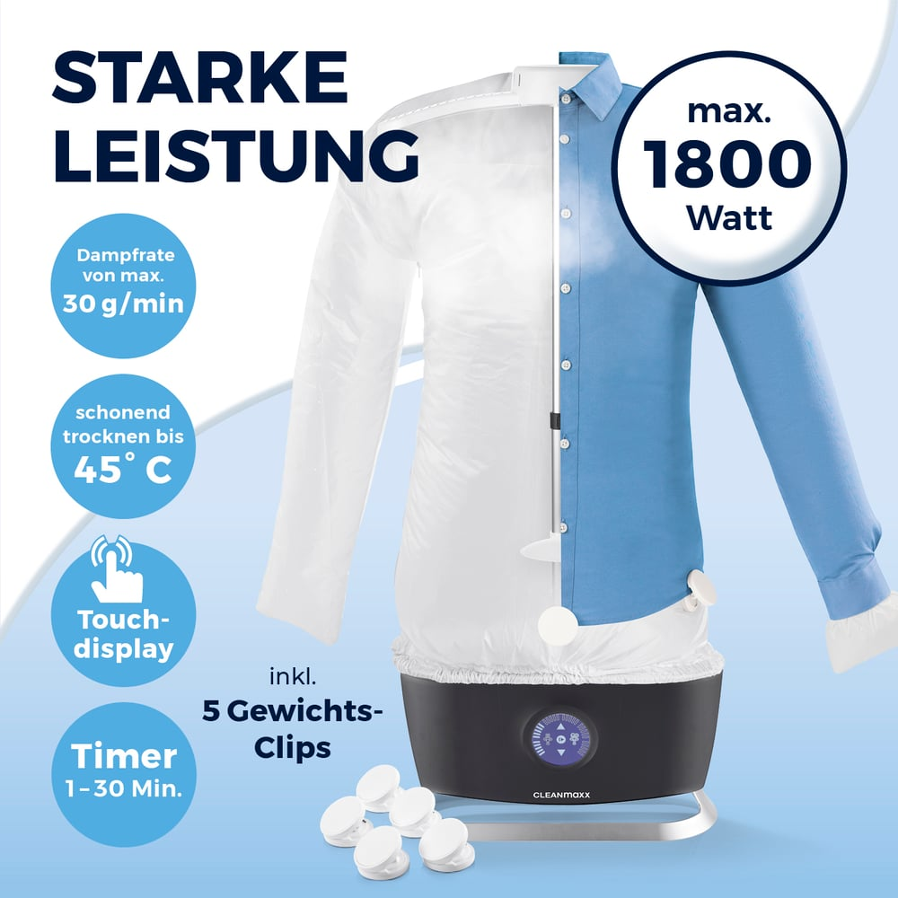 Ein Hemd wird auf einem Bügel dargestellt, teilweise in weißer Hülle, teilweise blau.