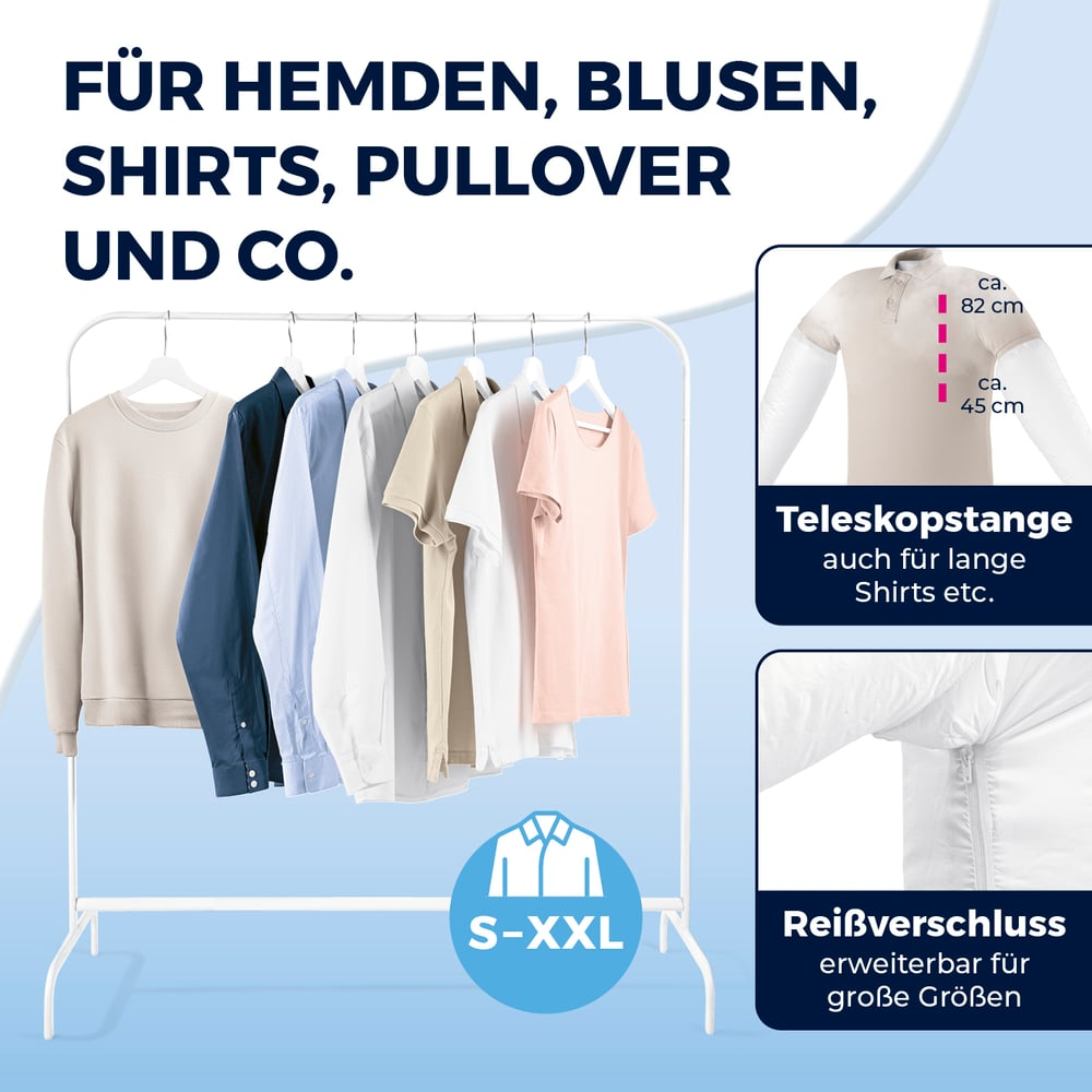 Kleidung auf Kleiderbügeln an einem Ständer, mit Text und Detailbildern.
