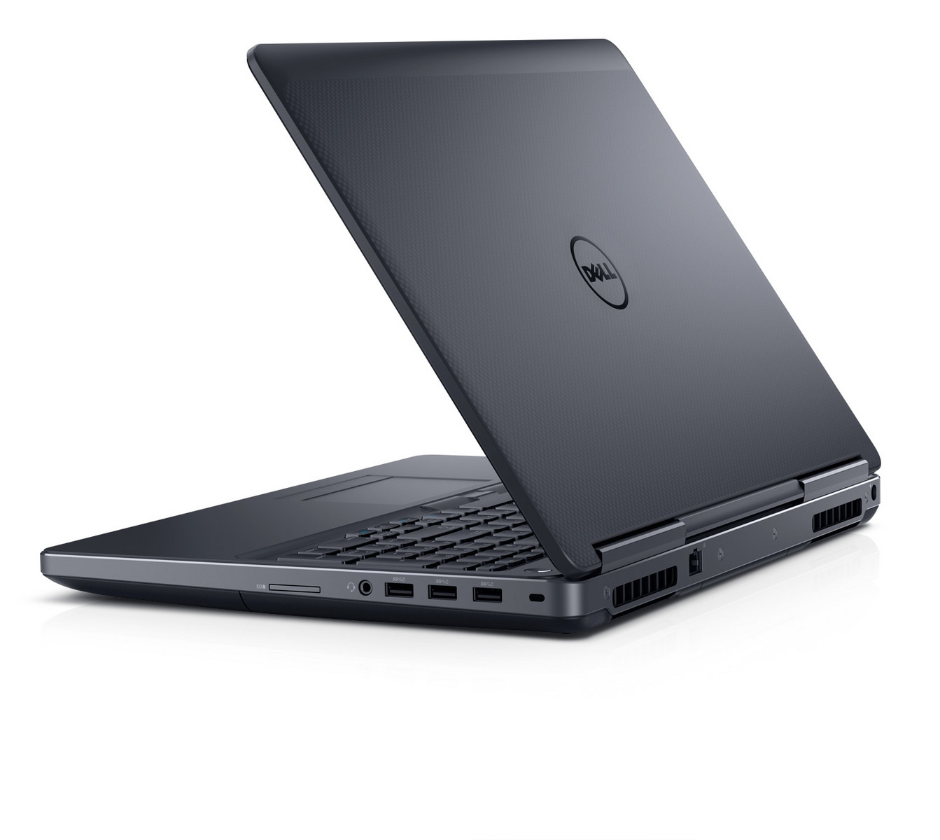 Ein geschlossener dunkler Dell Laptop mit dem Logo auf dem Deckel.