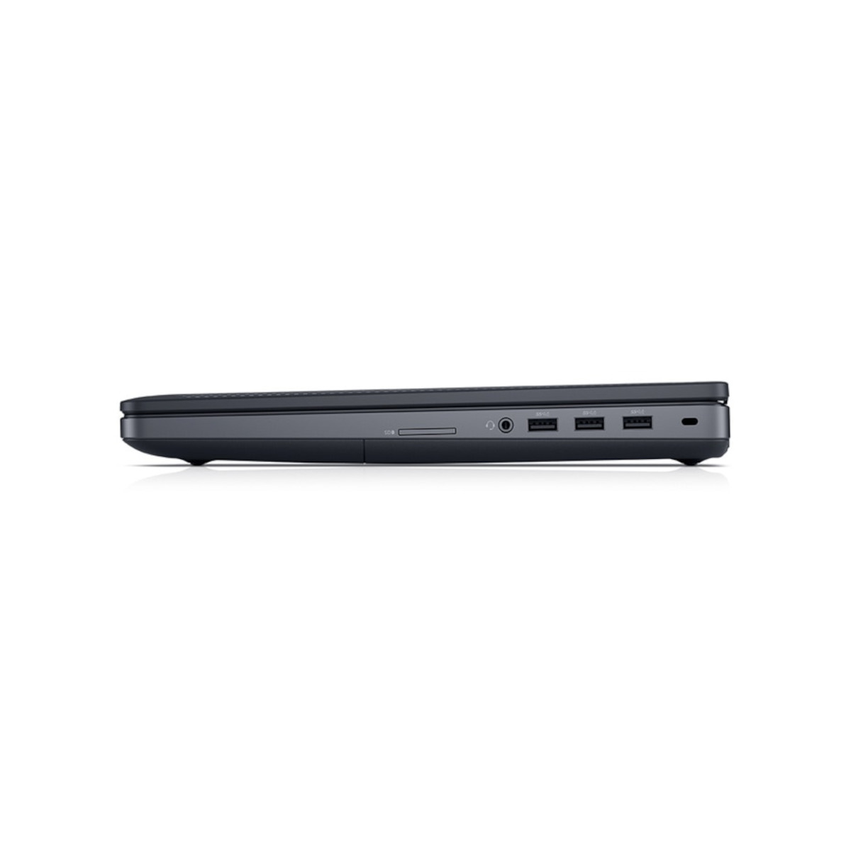 Seitenansicht eines dunklen Laptops mit Anschlüssen: SD-Kartenleser, Kopfhöreranschluss, USB-Ports.