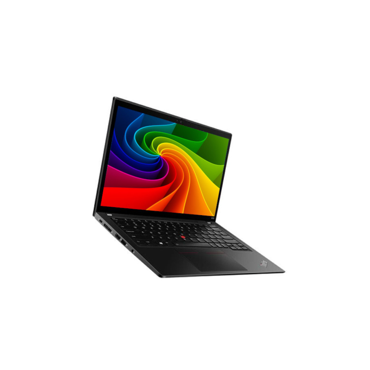 Ein schwarzer Laptop mit einem bunten, wirbelnden Hintergrund auf dem Bildschirm.
