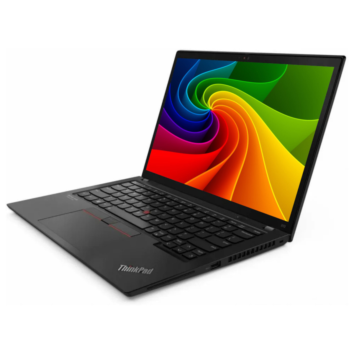 Schwarzer Laptop mit ThinkPad-Logo und einem bunten Strudel-Hintergrundbild.