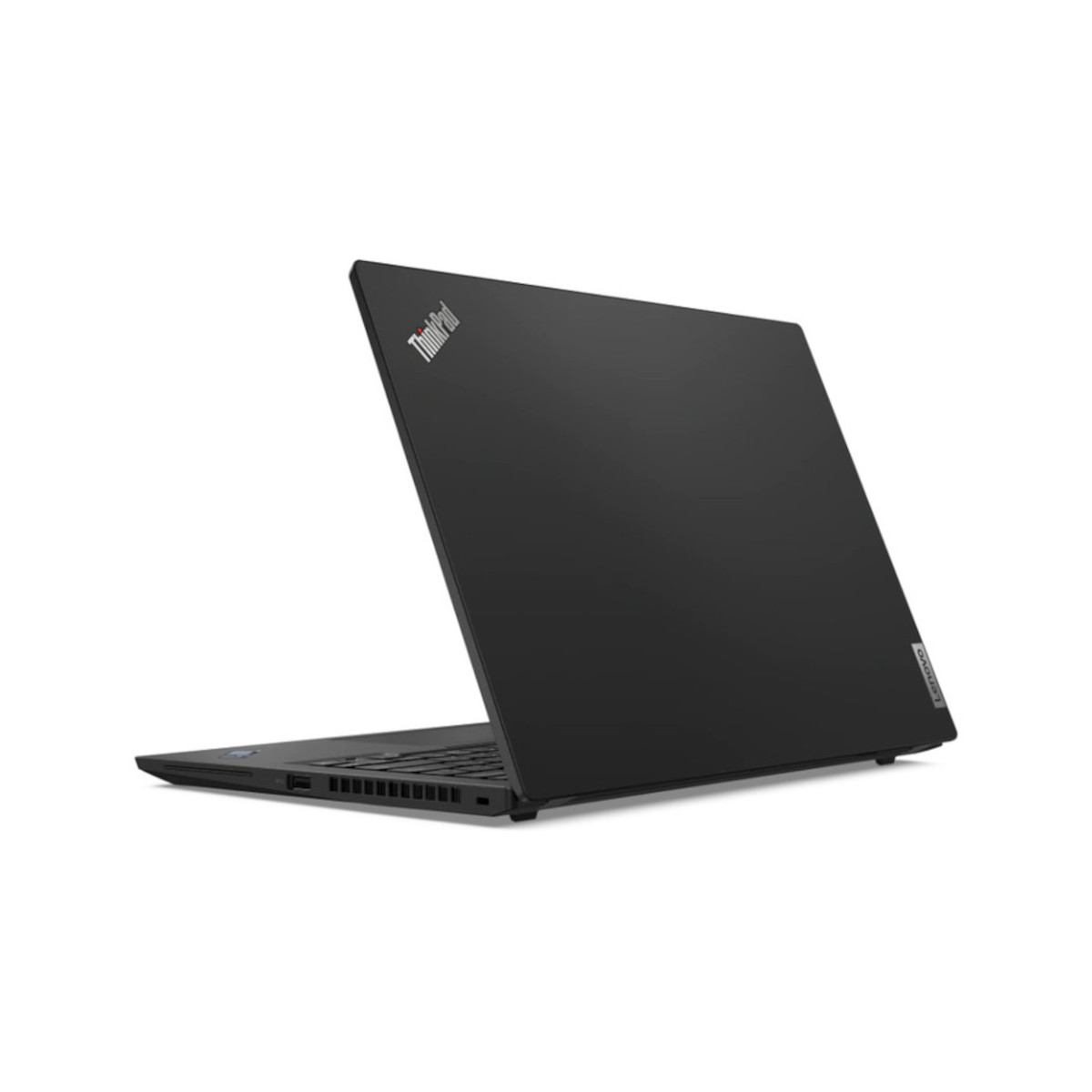 Ein schwarzer Laptop mit geöffnetem Deckel, auf weißem Hintergrund.