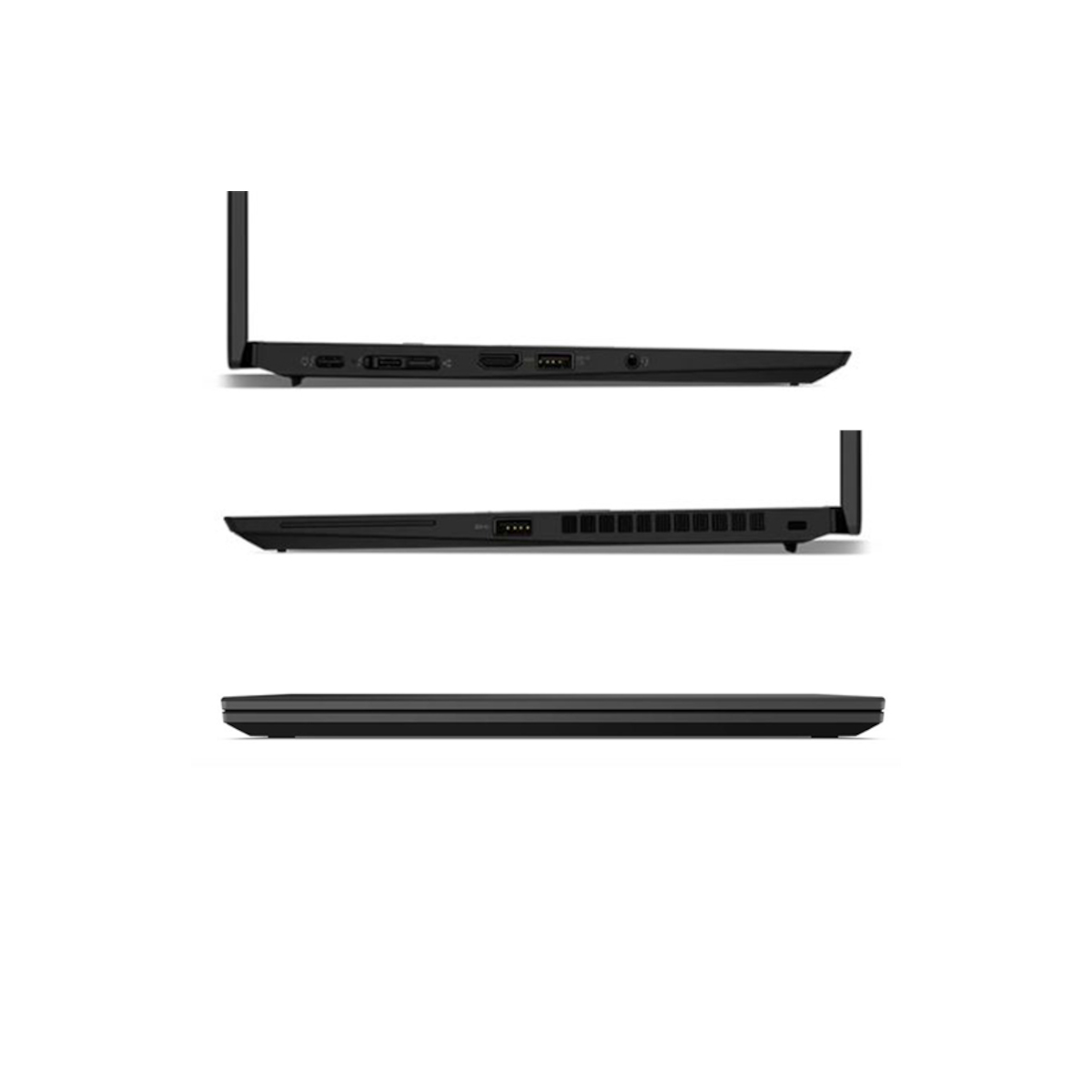 Drei Ansichten eines schwarzen Laptops: Oberseite, Seite mit Anschlüssen, Unterseite.