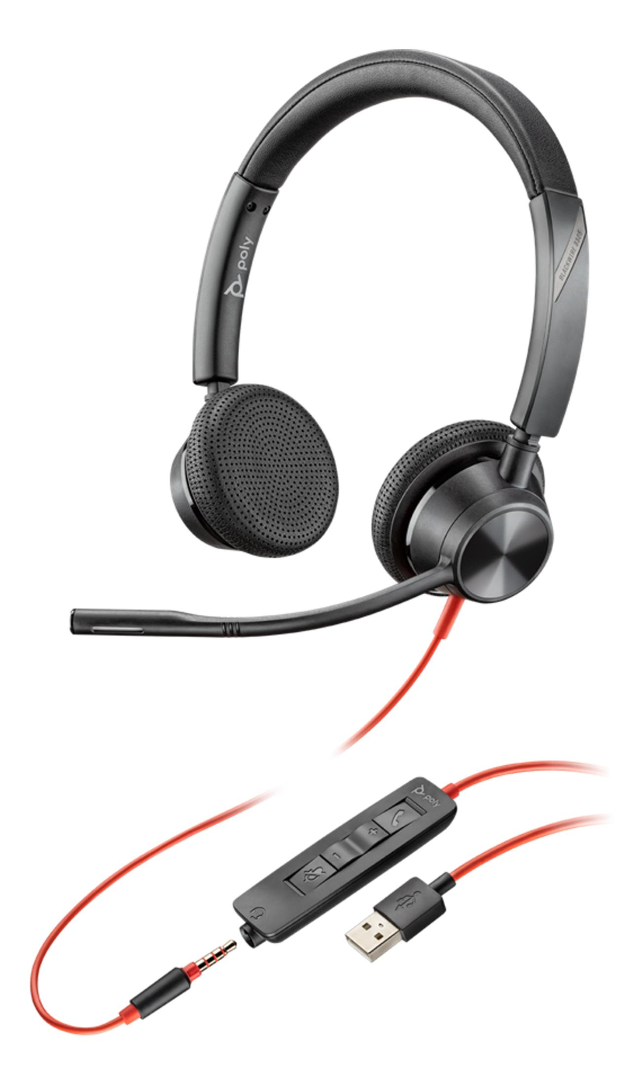 Czarny zestaw słuchawkowy Poly z dwiema słuchawkami, mikrofonem na wysięgniku i czerwonymi kablami z wtyczkami USB i 3,5 mm.