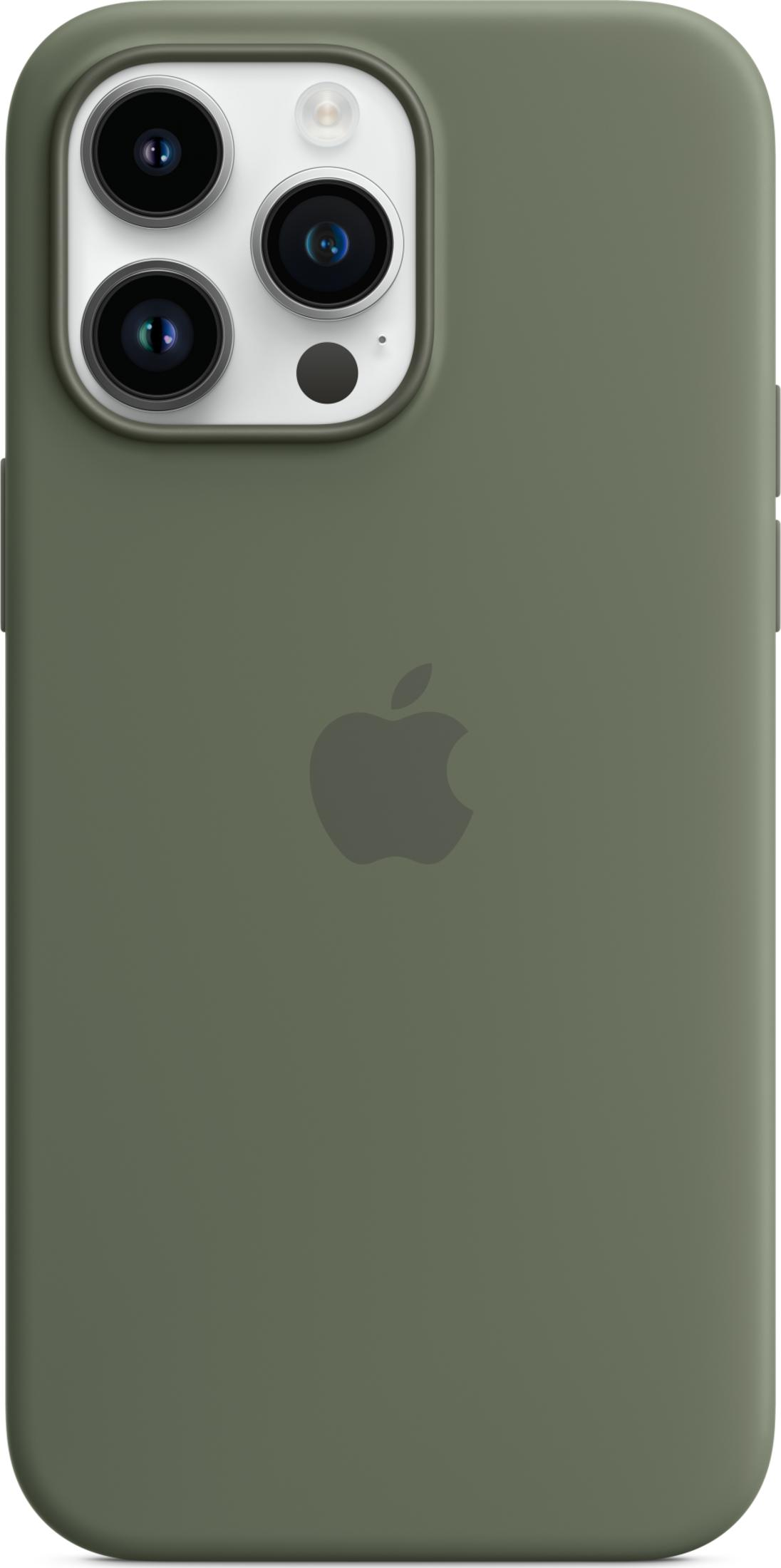 Green phone case with Apple logo and triple camera lens.
