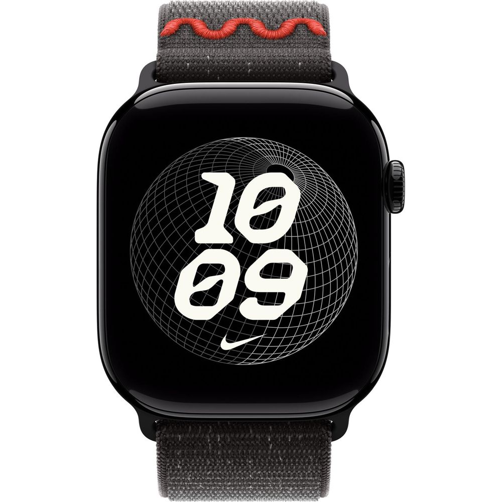 Czarny smartwatch z szarym paskiem i czerwonym szwem pokazuje 10:09.