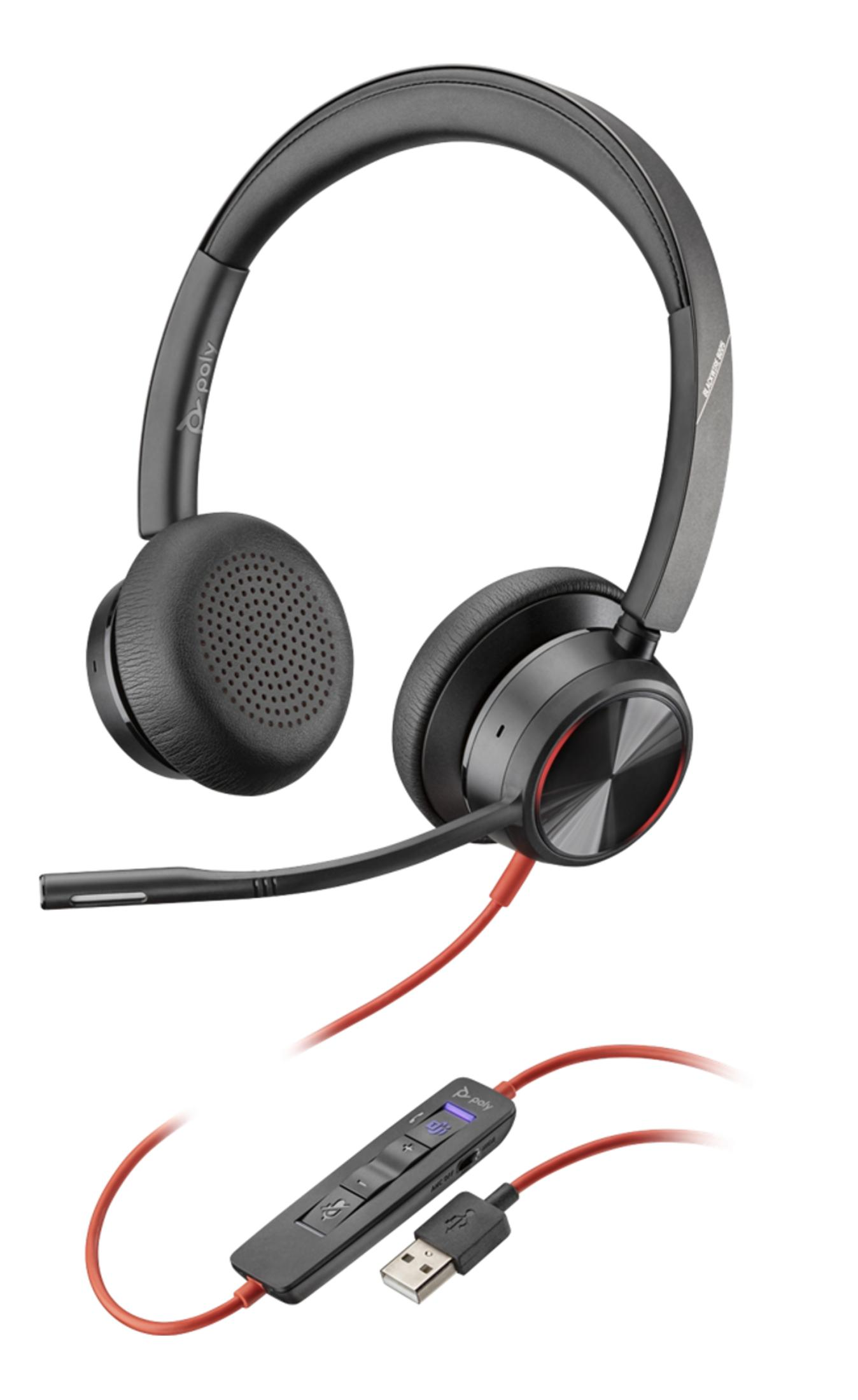 Czarny zestaw słuchawkowy Poly z mikrofonem, czerwonym kablem i kontrolerem USB.