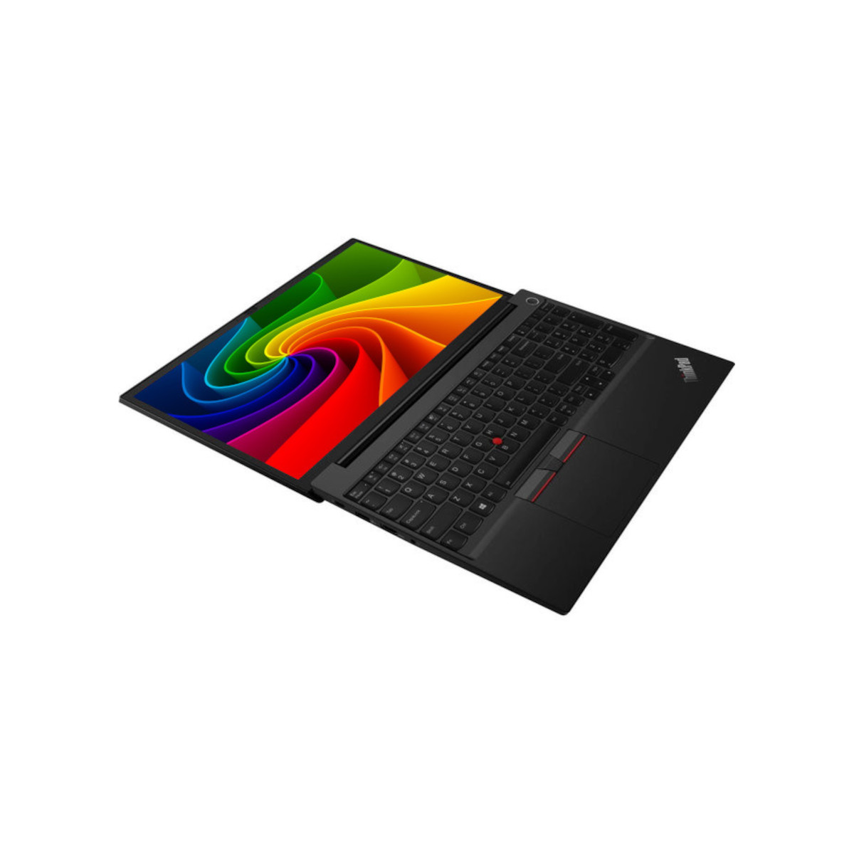 Schwarzer Laptop mit farbenfrohem Regenbogen-Hintergrund auf dem Bildschirm.