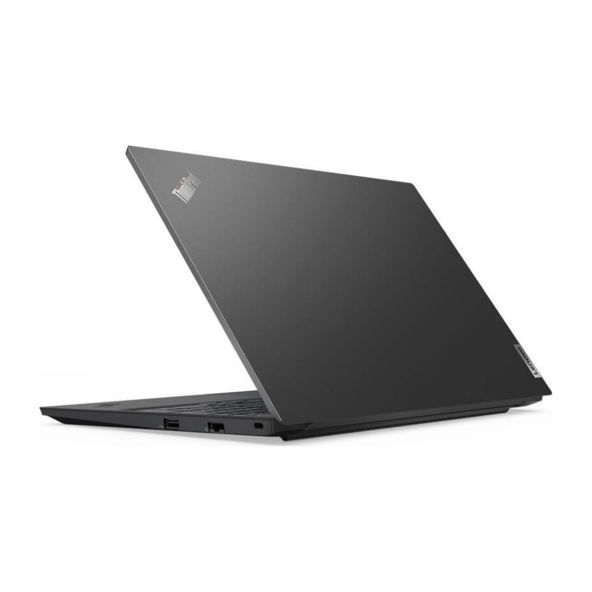 Ein geschlossener, dunkler Laptop mit ThinkPad-Logo, von der Seite gesehen.