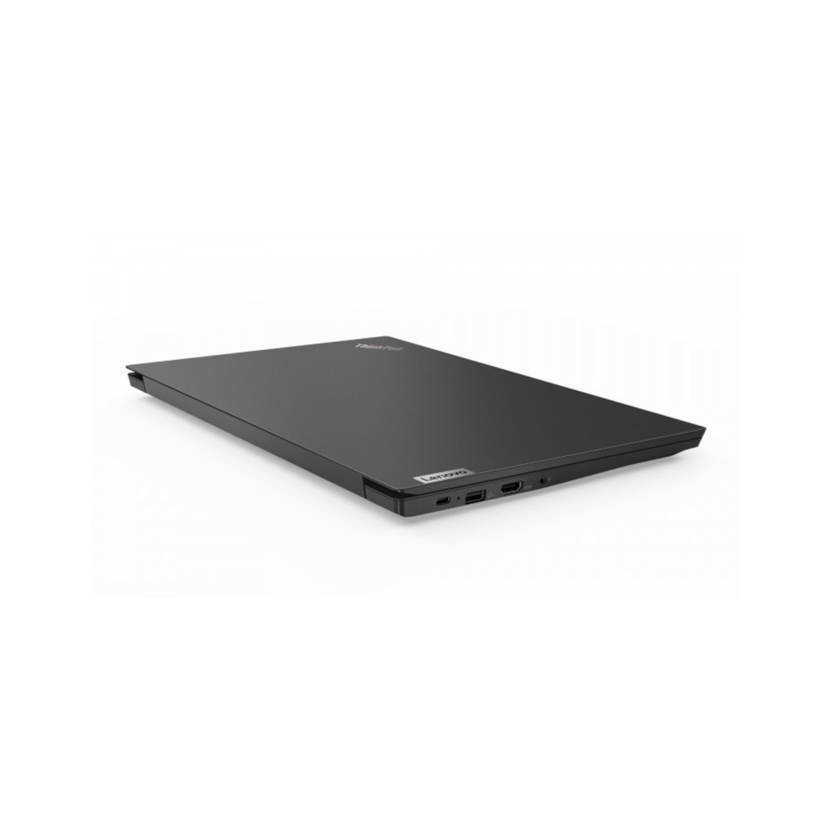 Geschlossener schwarzer Lenovo Laptop mit Anschlüssen an der Seite.