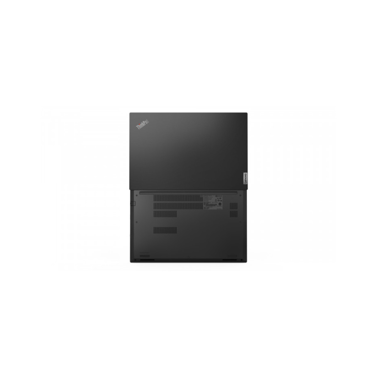 Ein geschlossenes schwarzes Lenovo ThinkPad-Laptop von unten mit Lüftungsschlitzen.