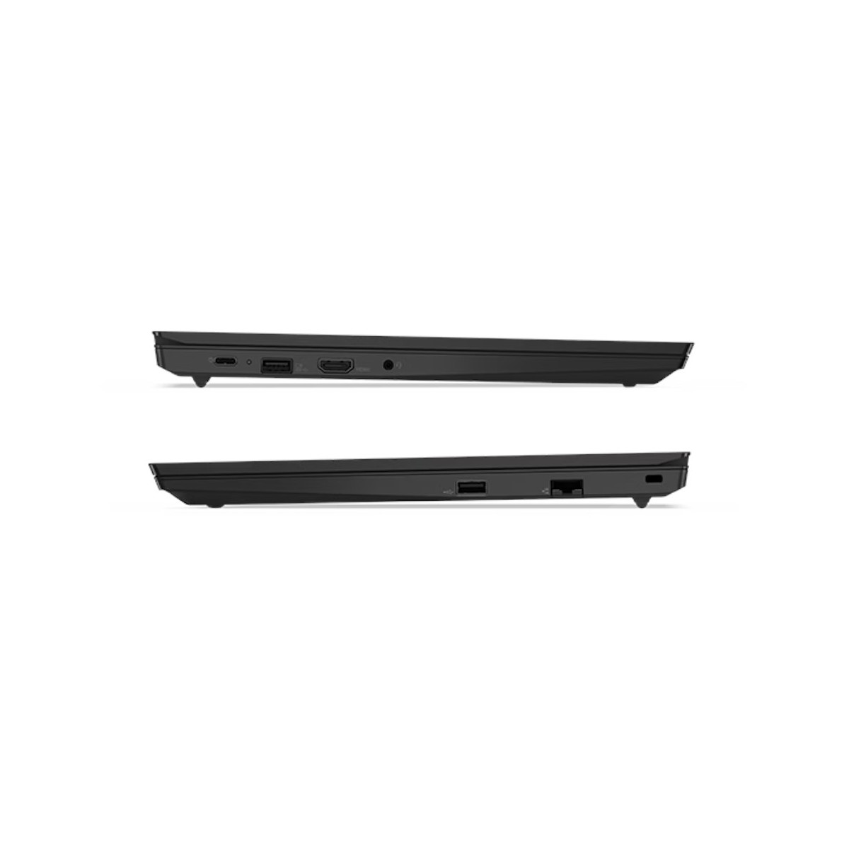 Oberansicht eines schwarzen Laptops mit Anschlüssen: USB-C, USB-A, HDMI, Audiobuchse.