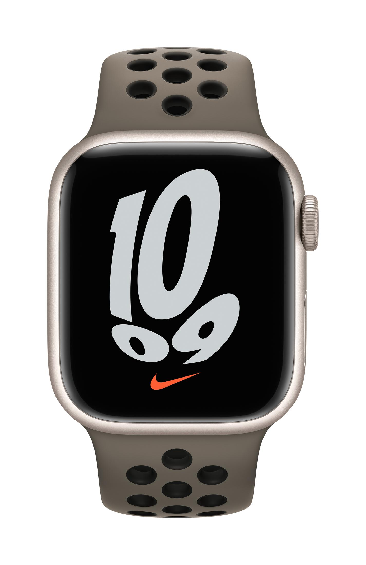 A gray Apple Watch with a Nike band displays the number 10 on its screen.