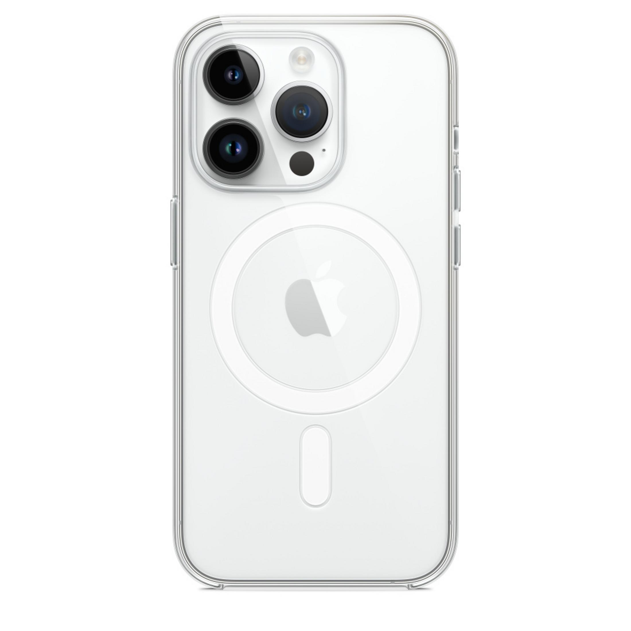 Clear case with Apple logo and MagSafe ring on a white background.