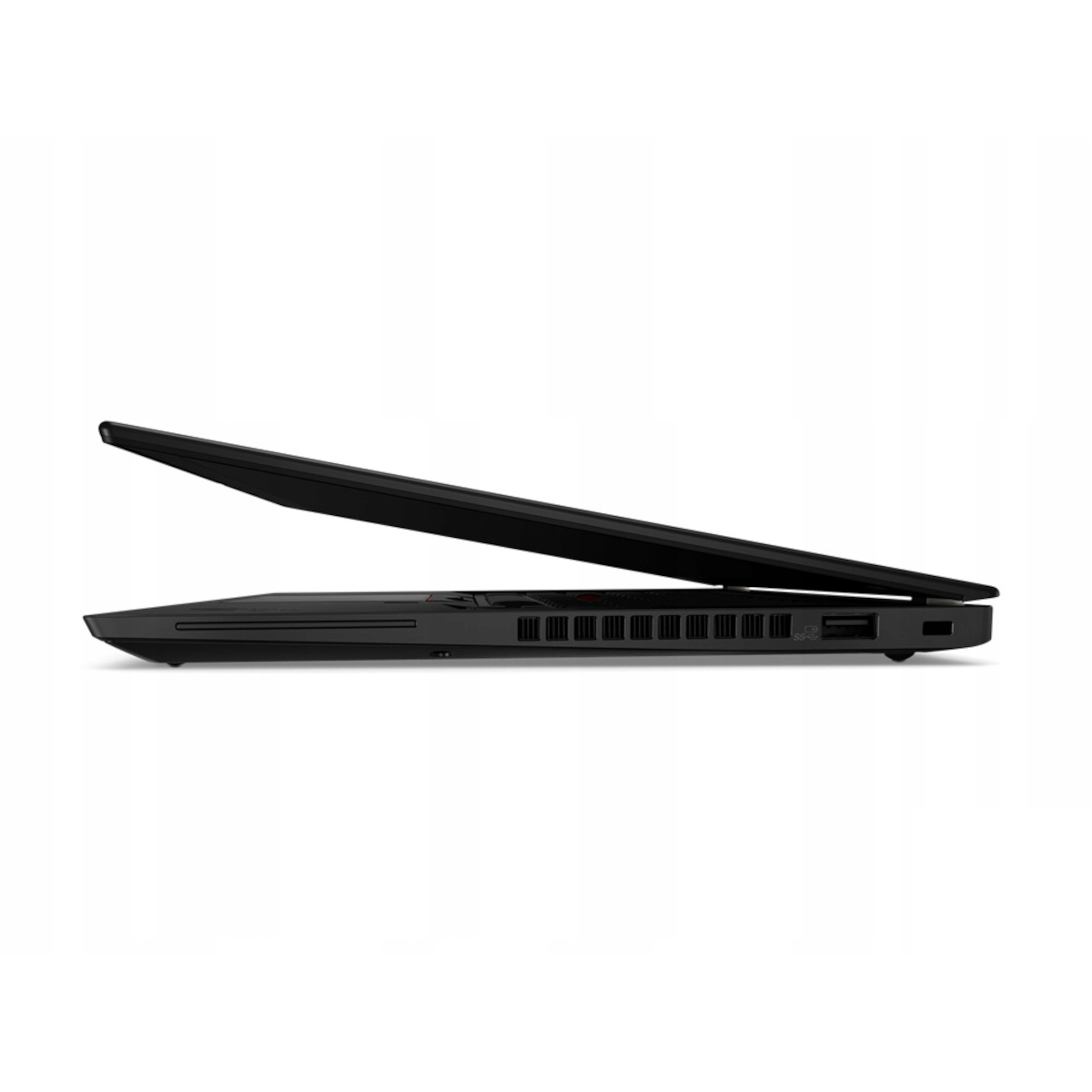 Schwarzer Laptop im Seitenprofil, leicht geöffnet, mit Anschlüssen auf der rechten Seite.
