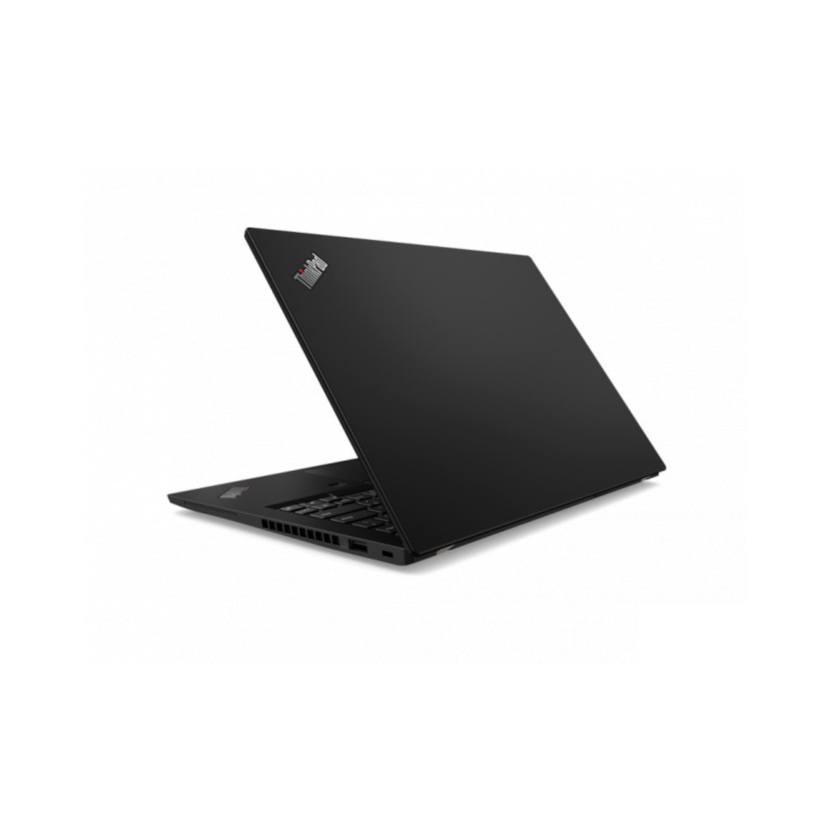 Ein schwarzer Lenovo ThinkPad Laptop mit geöffnetem Deckel auf weißem Hintergrund.