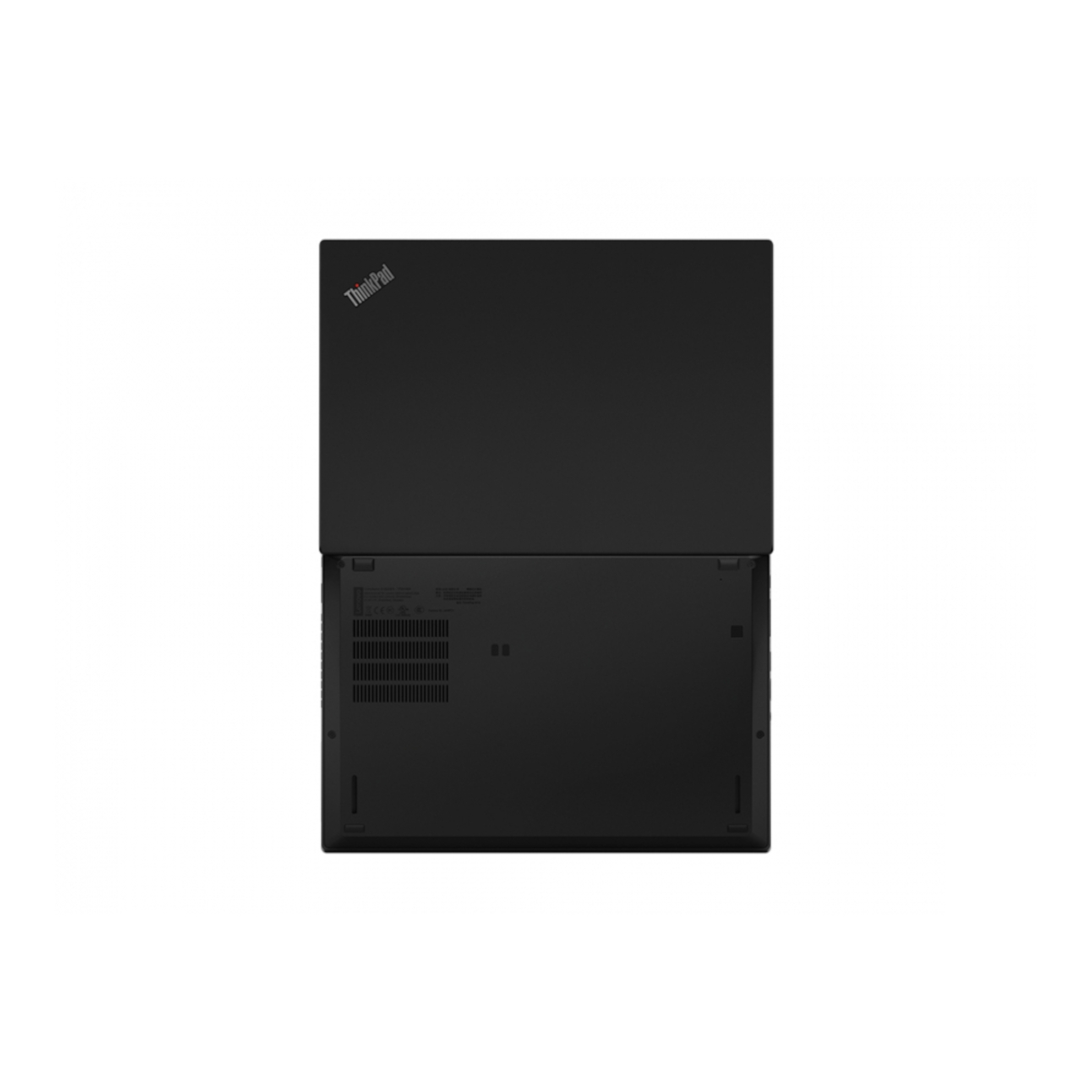 Ein schwarzer Laptop, von unten und oben gezeigt. Das ThinkPad-Logo ist auf der Oberseite.