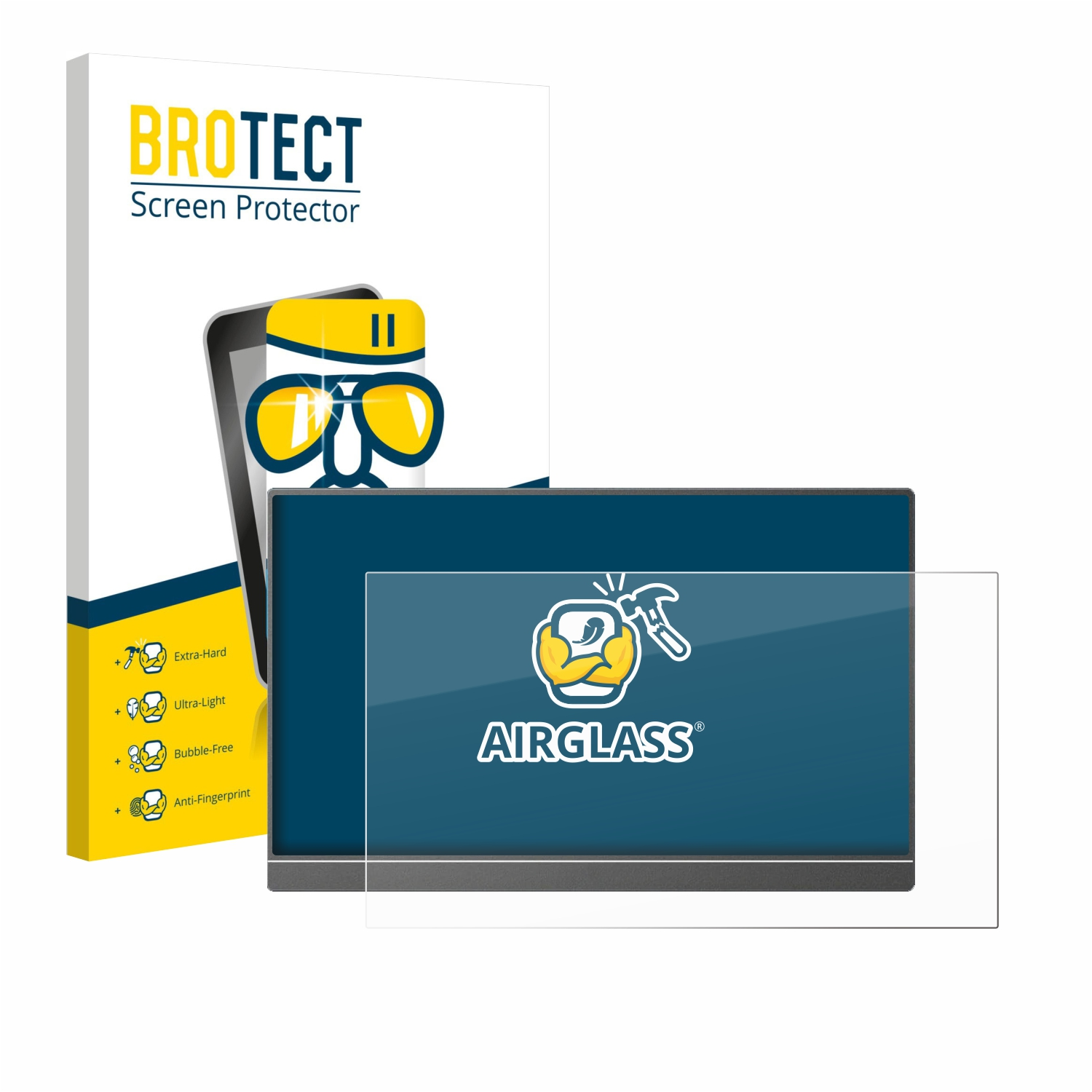 BROTECT Displayschutzfolie mit "AIRGLASS" Logo und Eigenschaften.