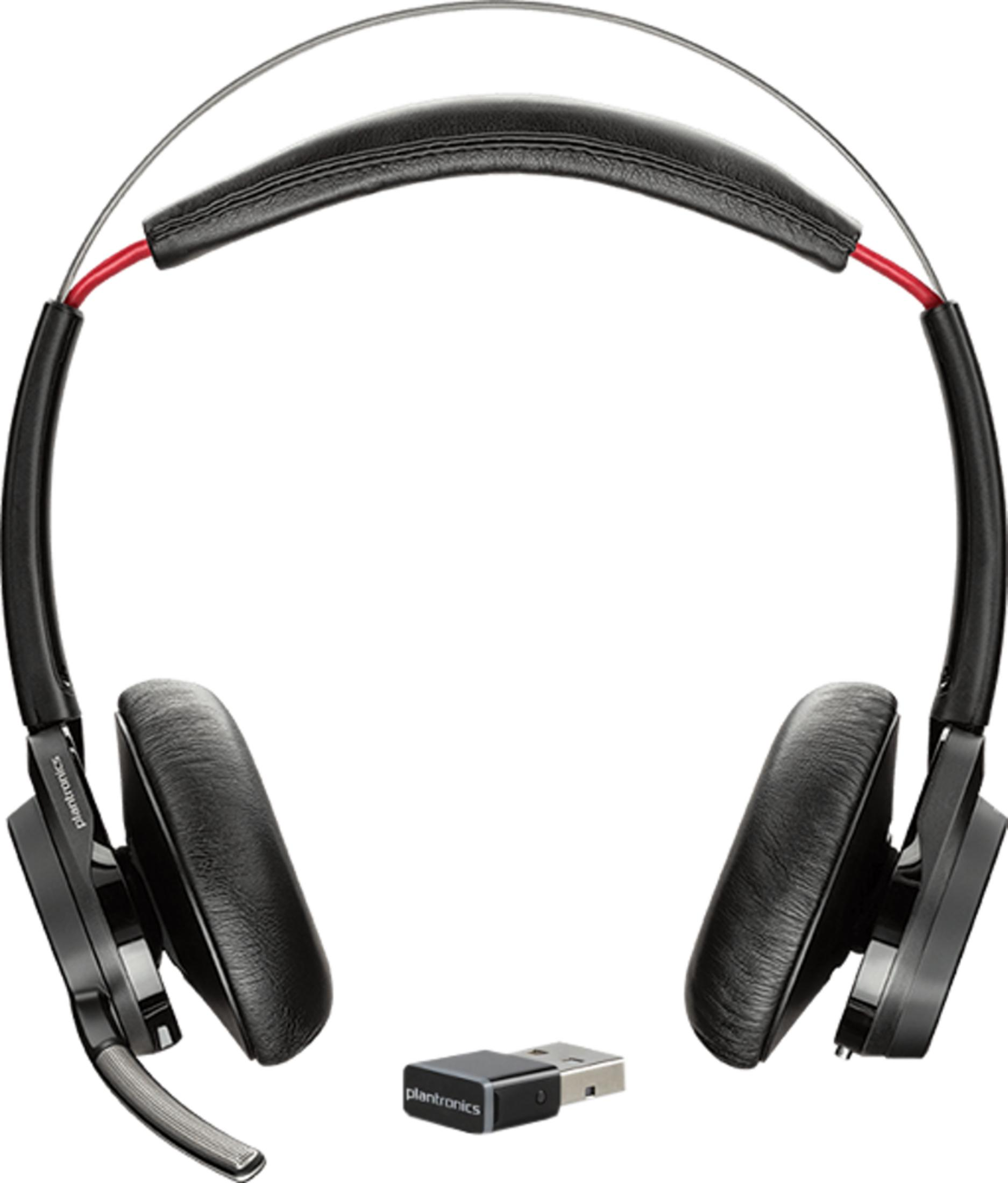 Ein schwarzes Plantronics Headset mit Mikrofon und USB-Dongle.