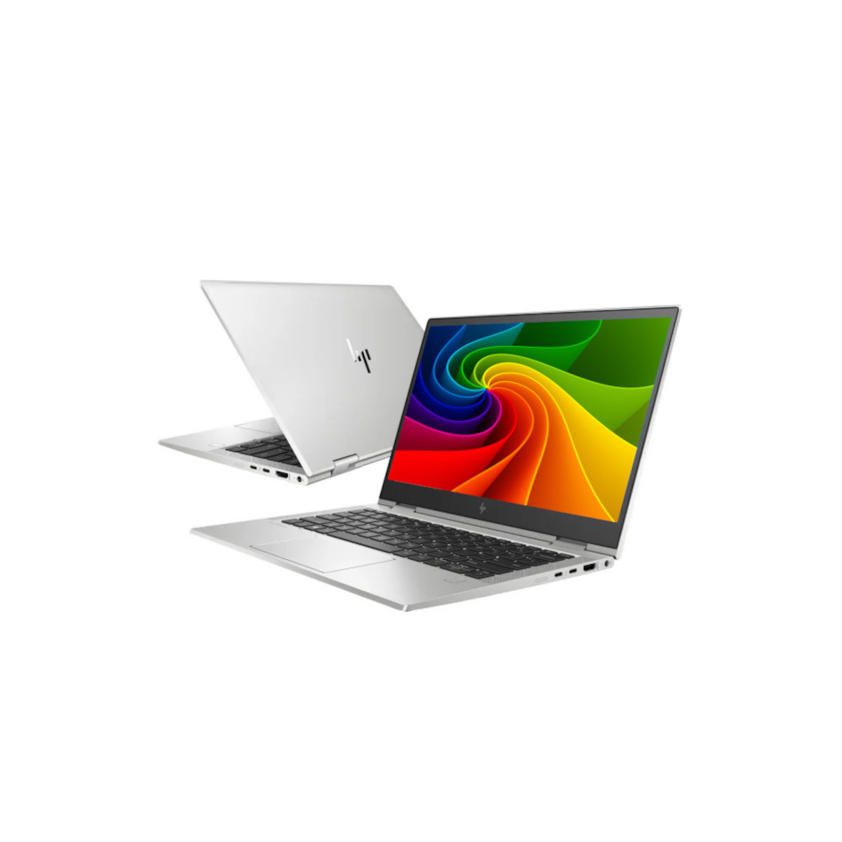 Zwei silberne Laptops, einer geöffnet mit buntem Bildschirmhintergrund.