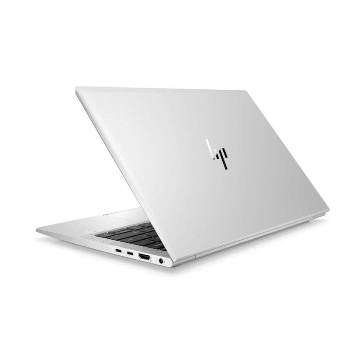 Silberner HP Laptop mit geöffnetem Deckel, Logo auf dem Gehäuse.