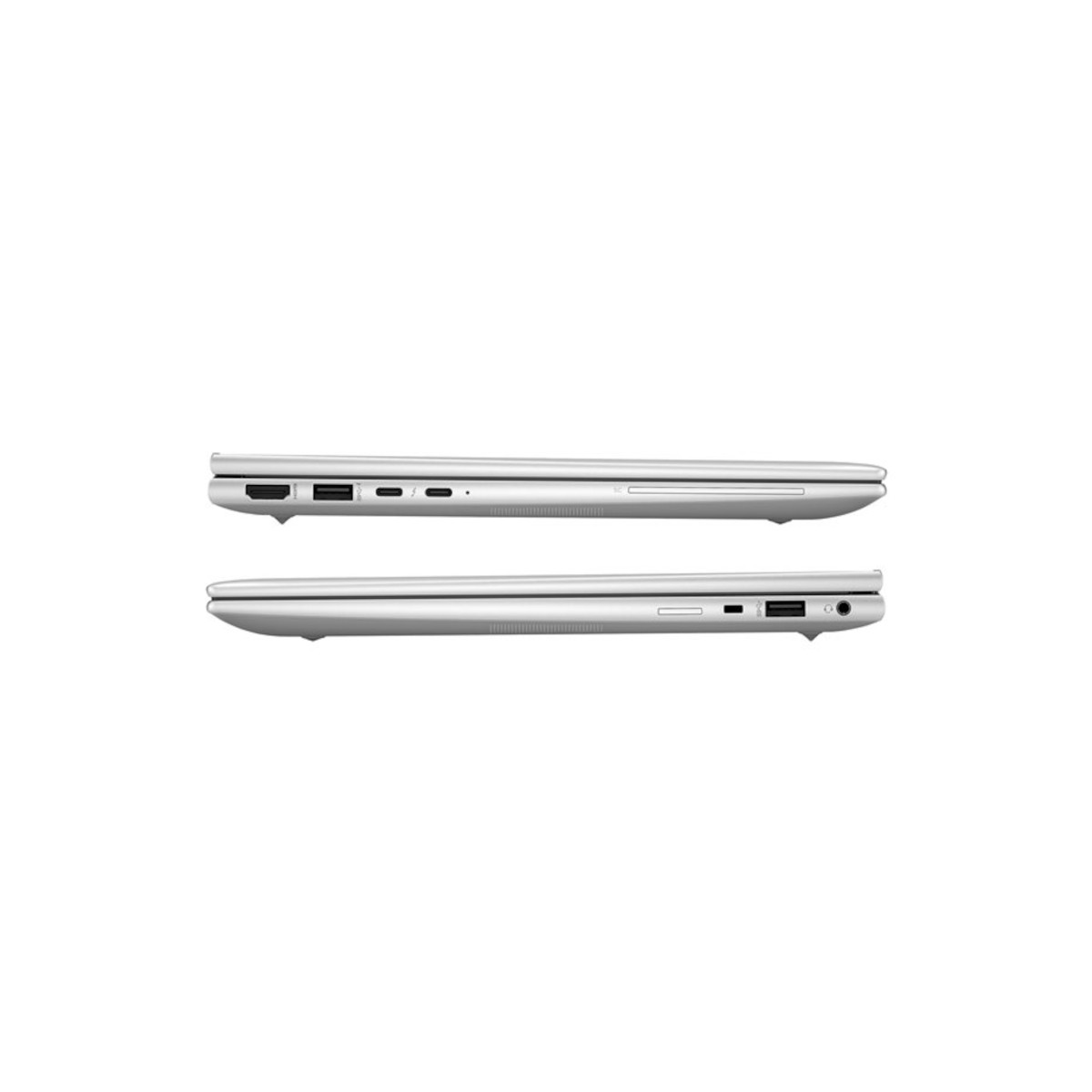 Zwei silberne Laptops nebeneinander auf weißem Hintergrund, Seitenansicht mit Anschlüssen.