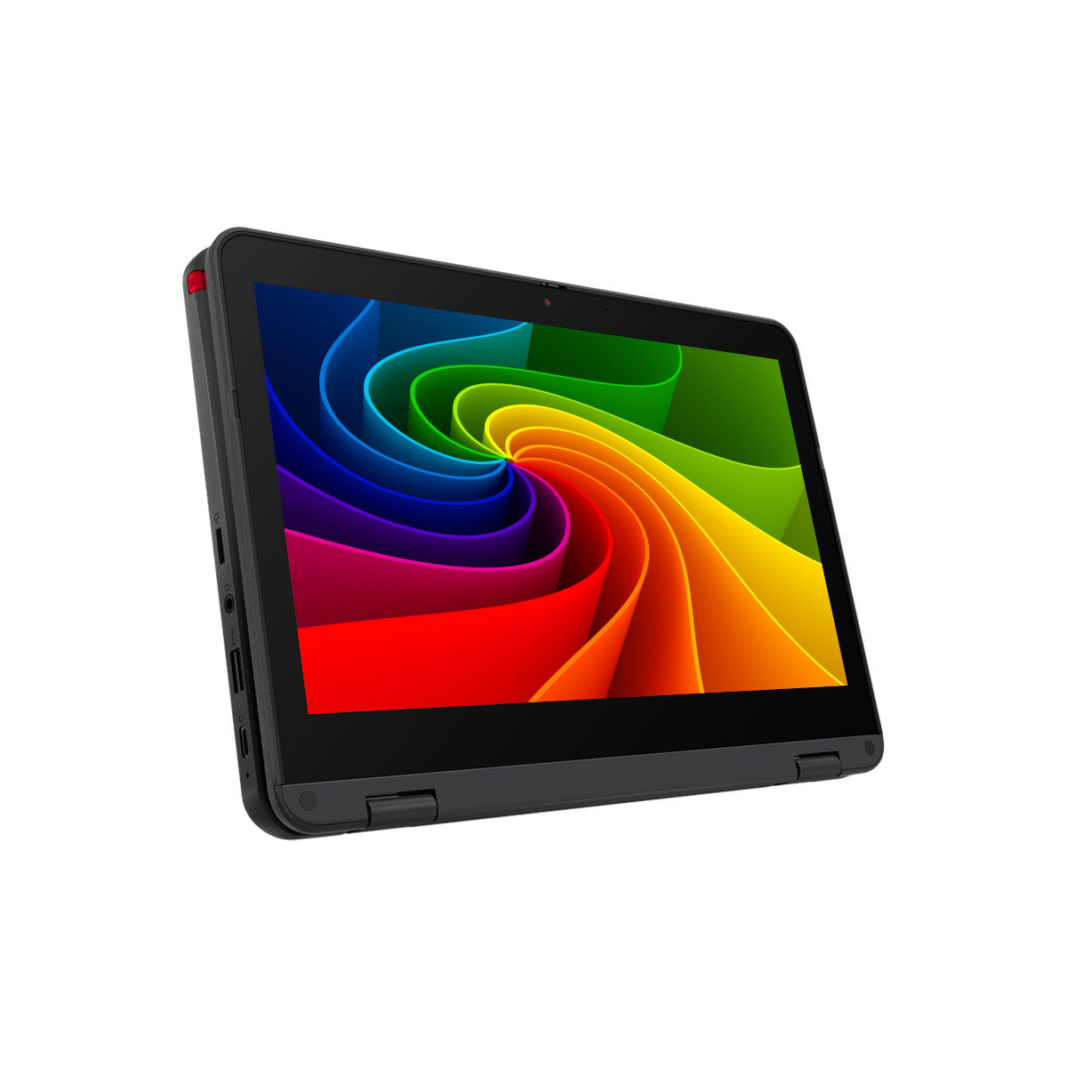 Ein schwarzes Convertible-Notebook mit einem bunten Hintergrundbild.