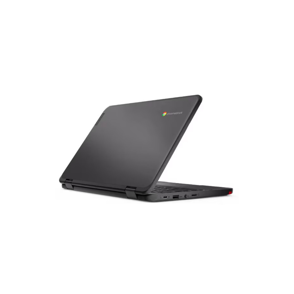 Ein dunkler Chromebook-Laptop mit offenem Deckel, auf weißem Hintergrund.