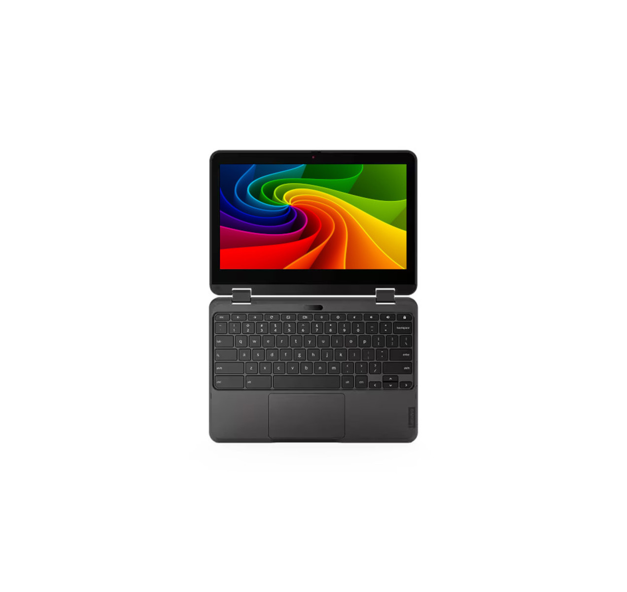 Ein dunkler Laptop mit einem bunten, wirbelnden Hintergrundbild auf dem geöffneten Bildschirm.