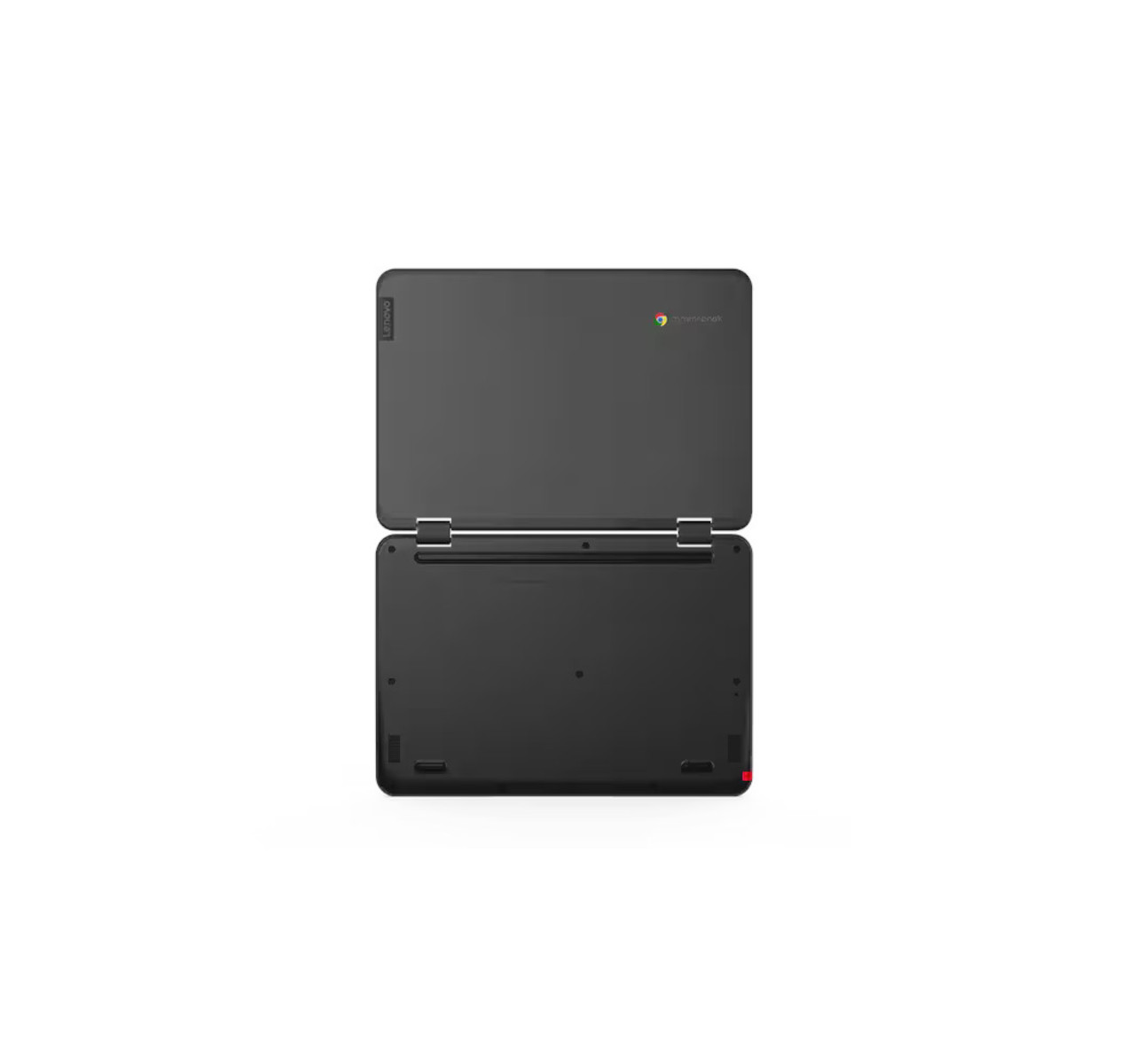Ein dunkler Laptop ist geöffnet, die Rückseite nach oben zeigend. Lenovo-Logo oben links.