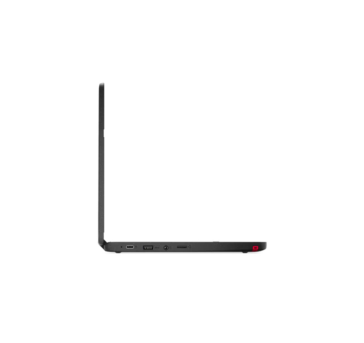 Seitenansicht eines schwarzen Laptops mit Anschlüssen.