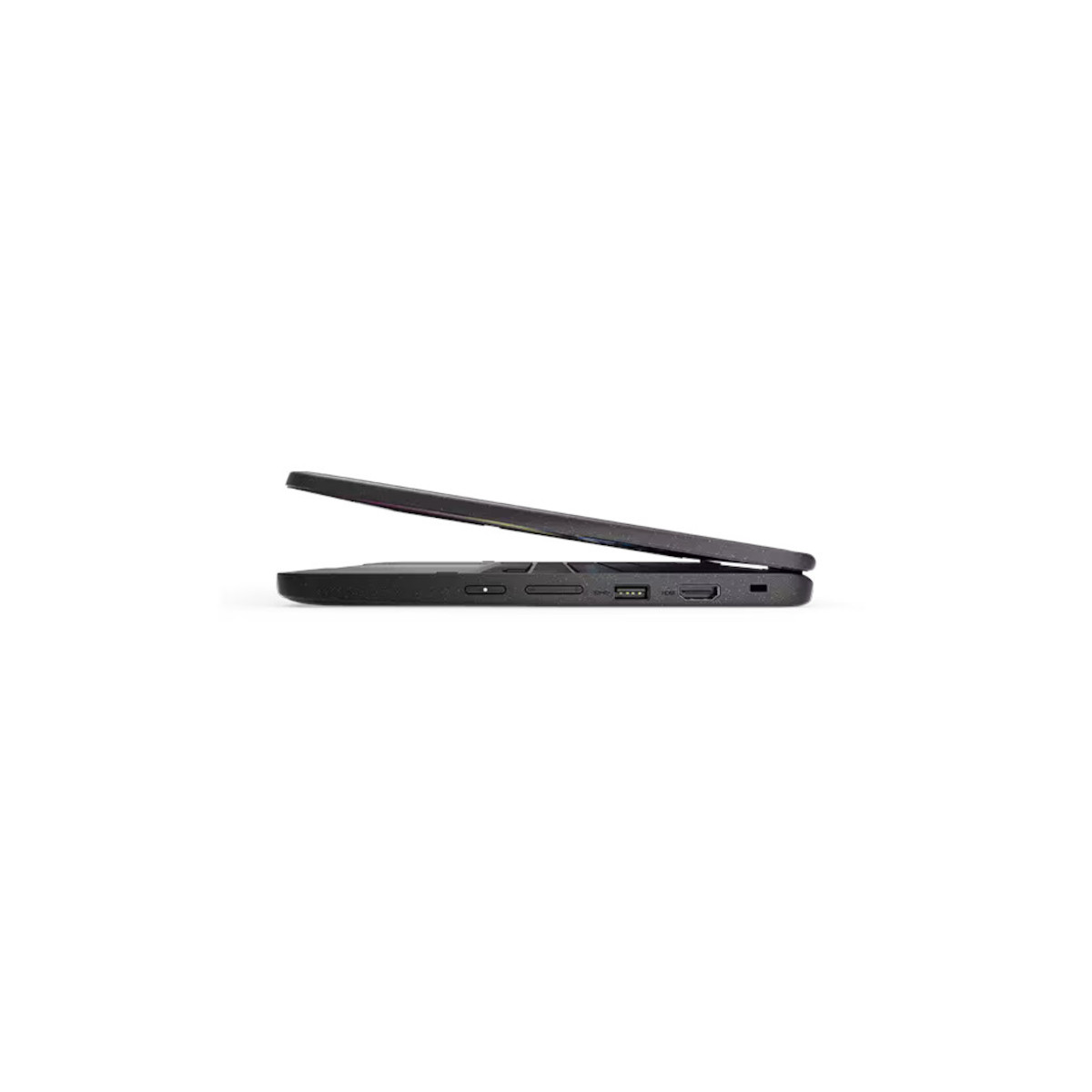 Ein geschlossener schwarzer Laptop mit einem USB-Anschluss und einem HDMI-Anschluss.